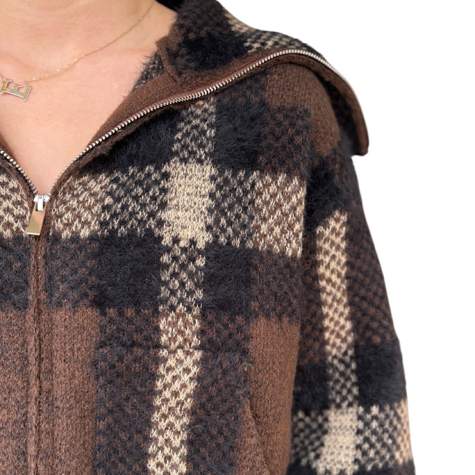 Brown Plaid Knit Zipper Jacket