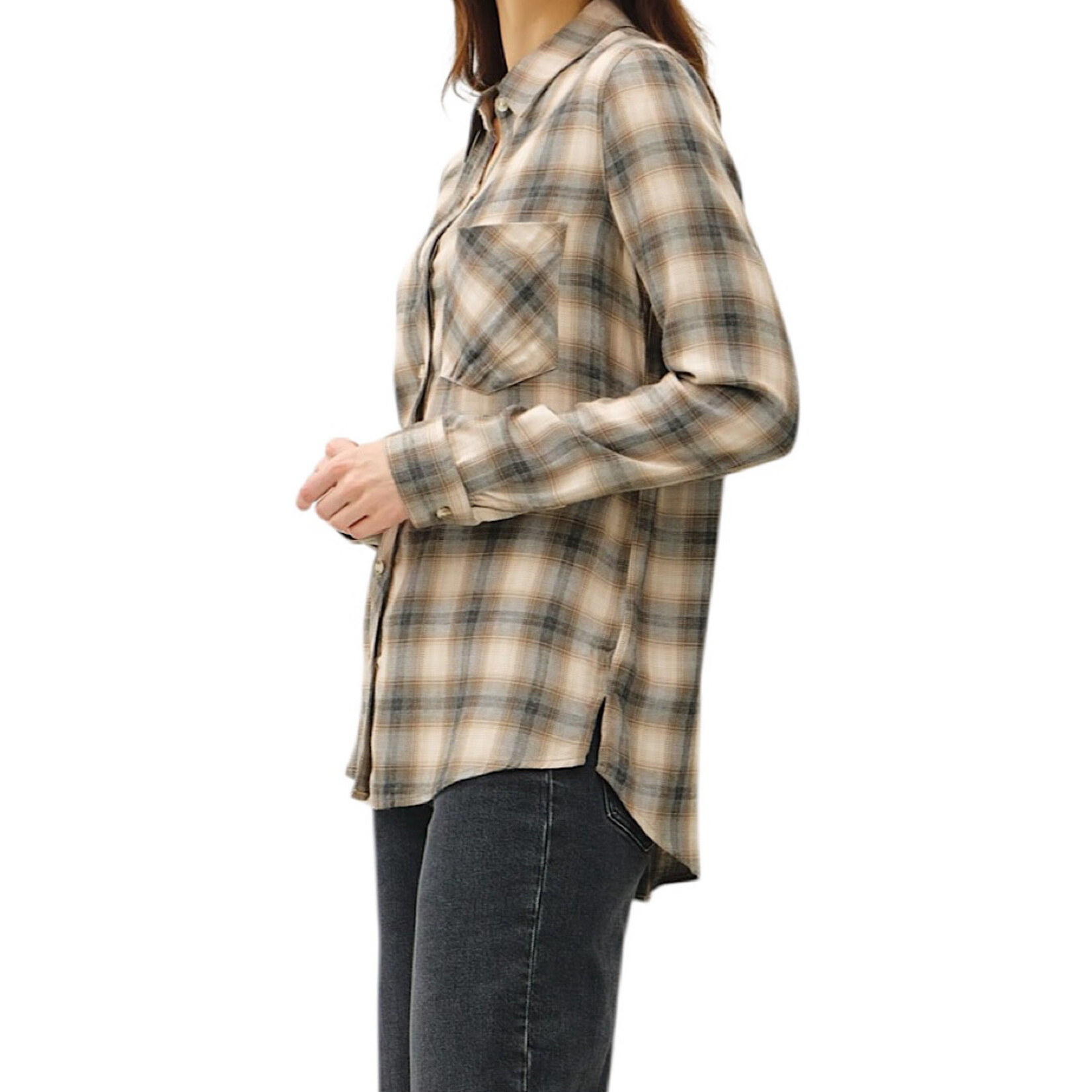 Charcoal Plaid  Button Up With Front Chest Pocket