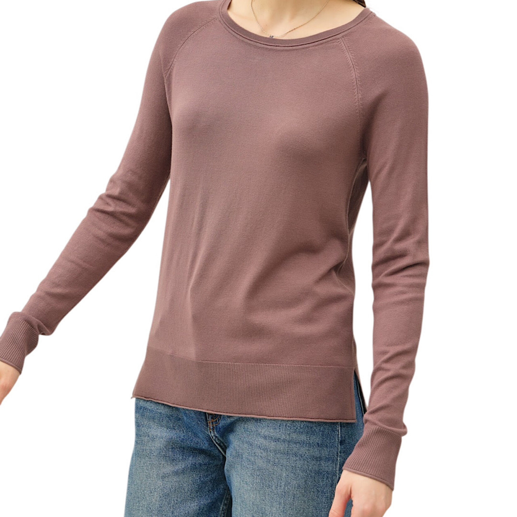Chocolate Lightweight Round Neck Sweater with Side Slits