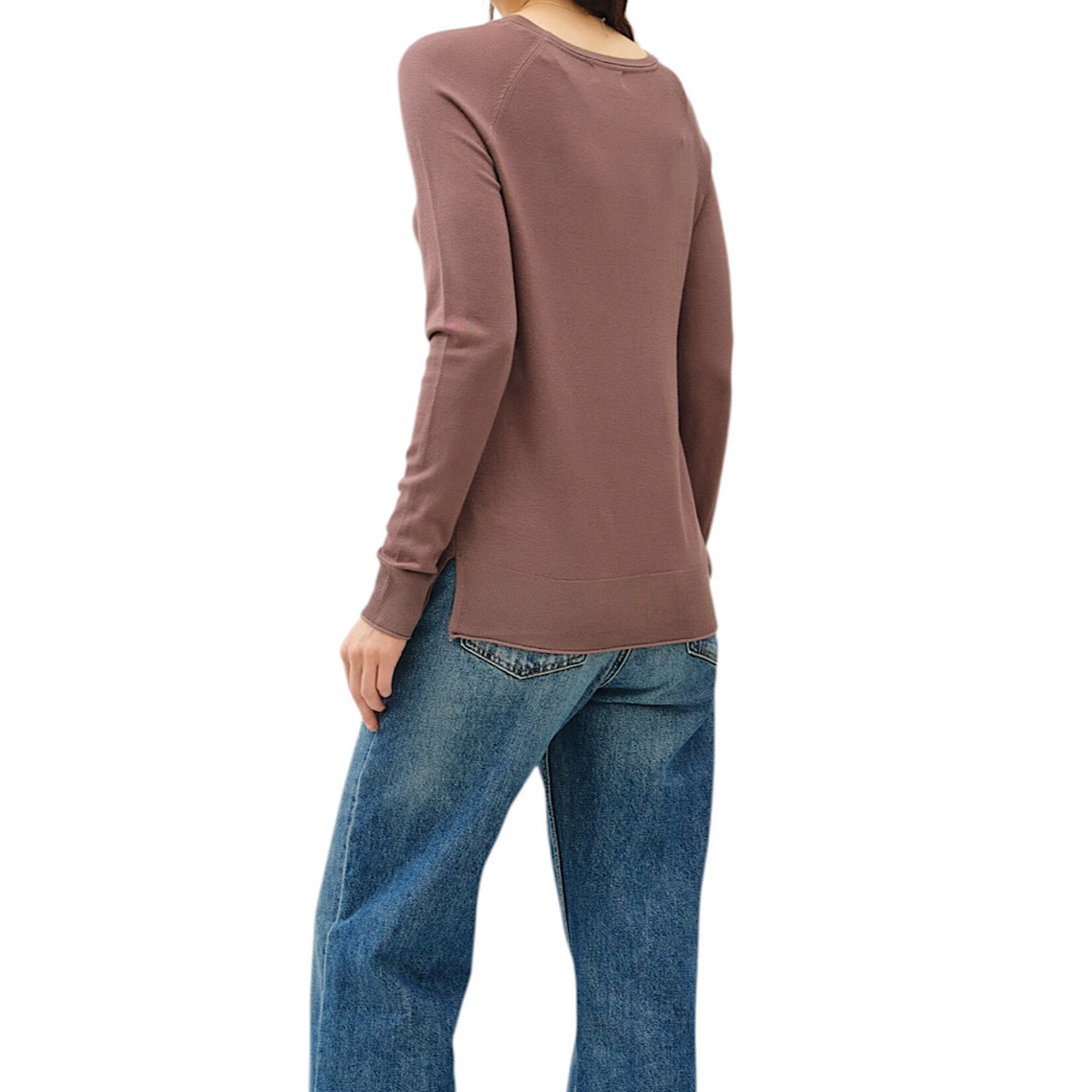 Chocolate Lightweight Round Neck Sweater with Side Slits