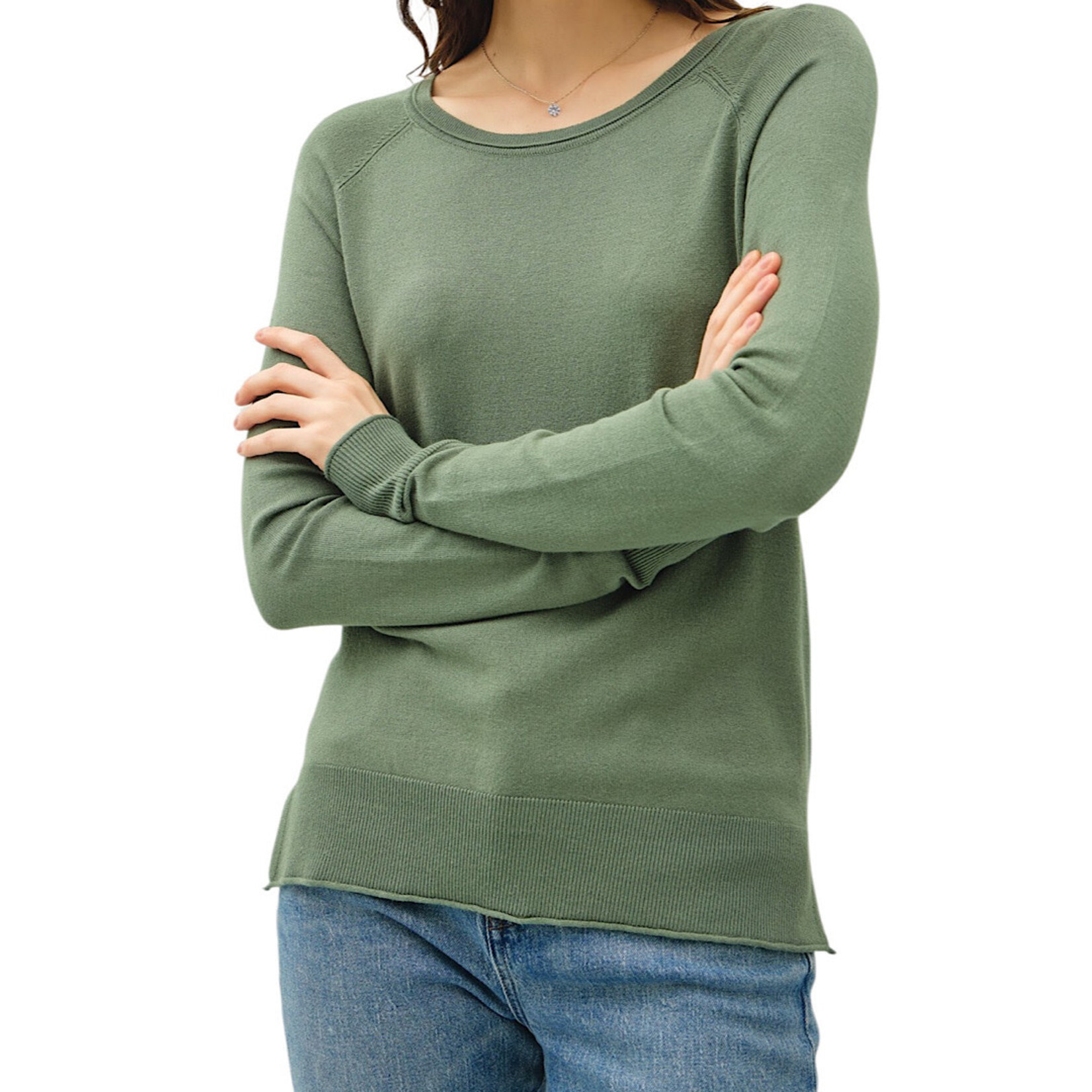 Dark Teal Lightweight Round Neck Sweater with Side Slits