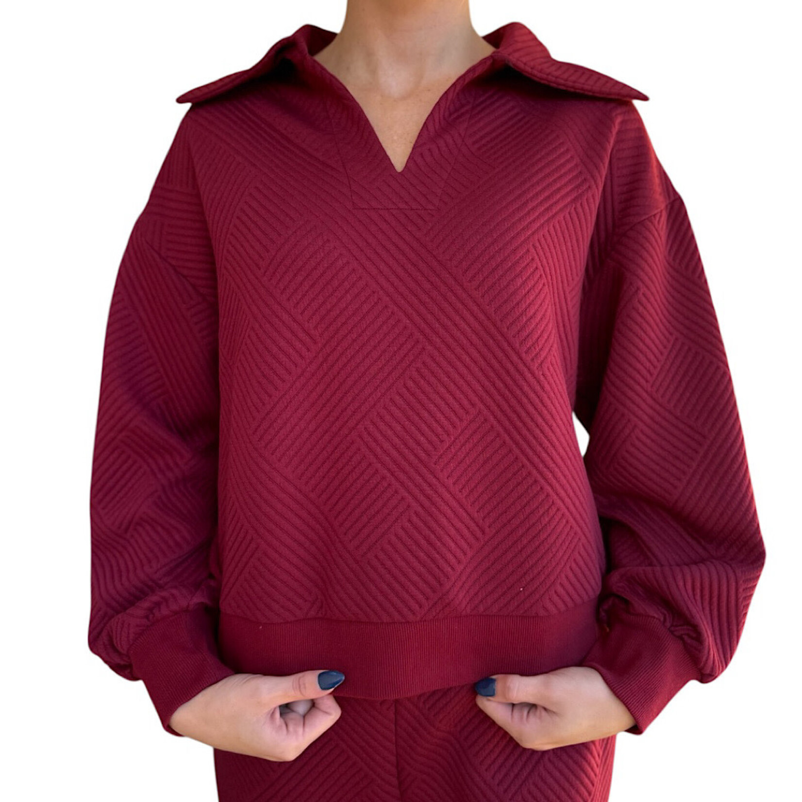 Wine Textured Knit Casual Comfy Top & Pants Set