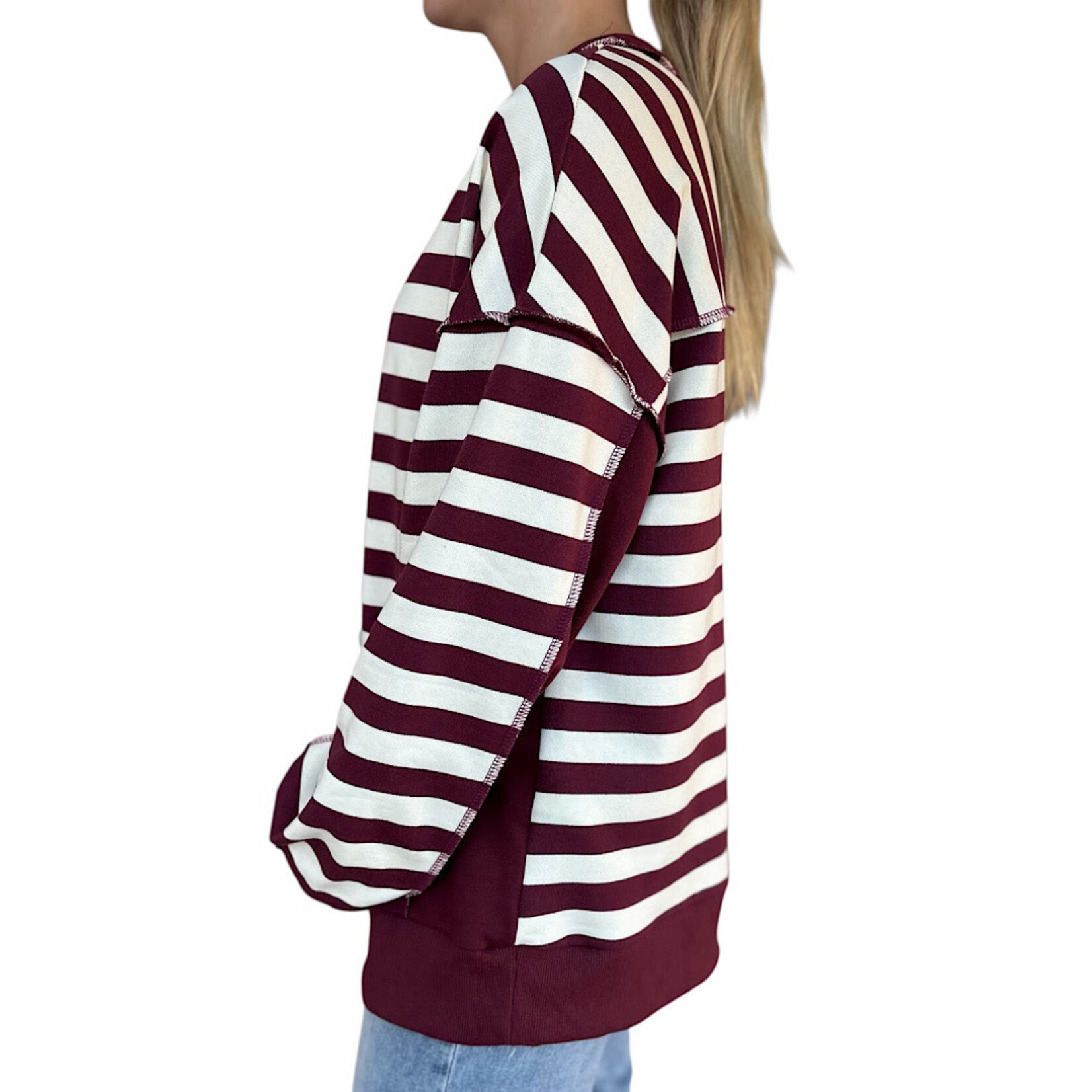Burgundy/Cream Oversized Half Button Down Casual Knit Top