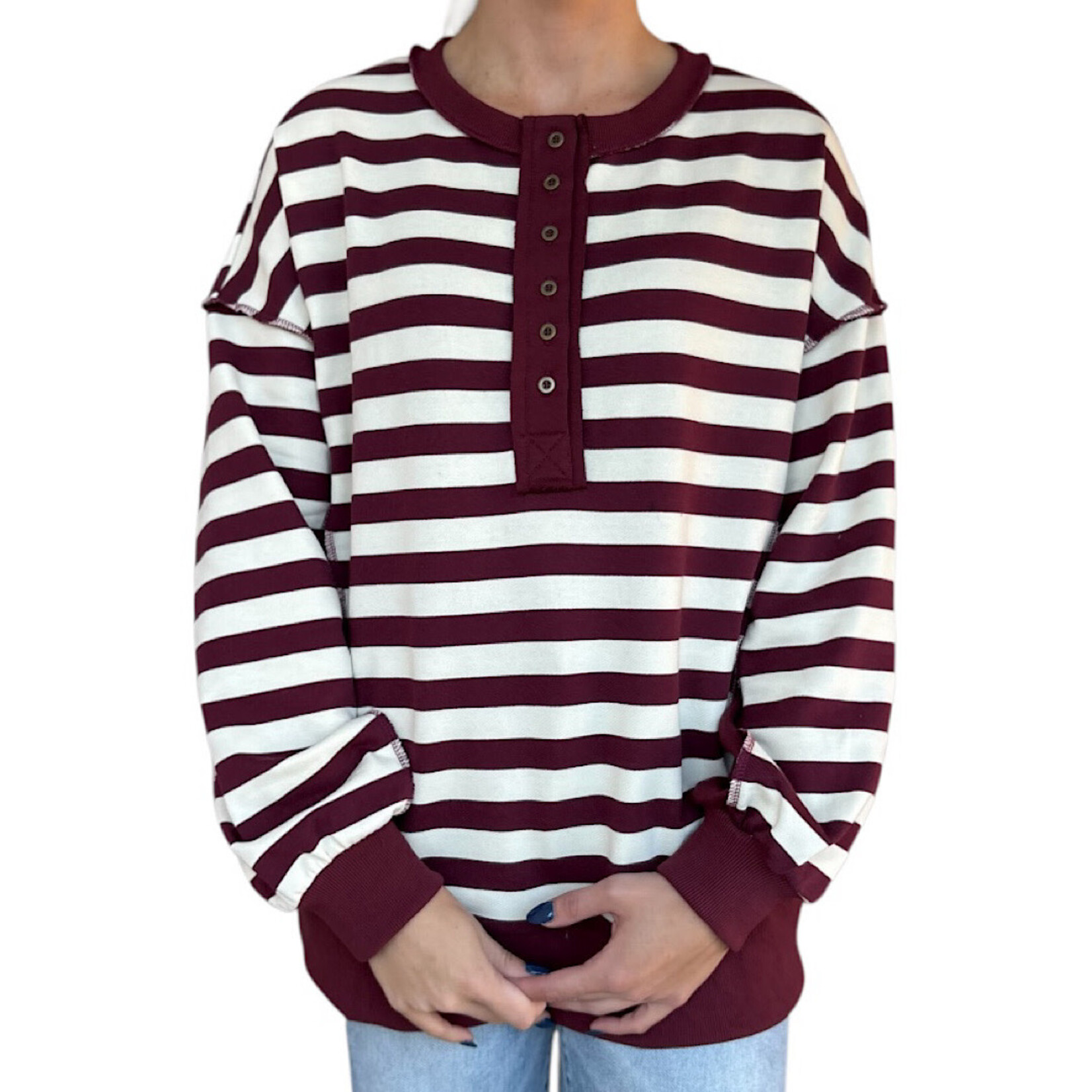 Burgundy/Cream Oversized Half Button Down Casual Knit Top