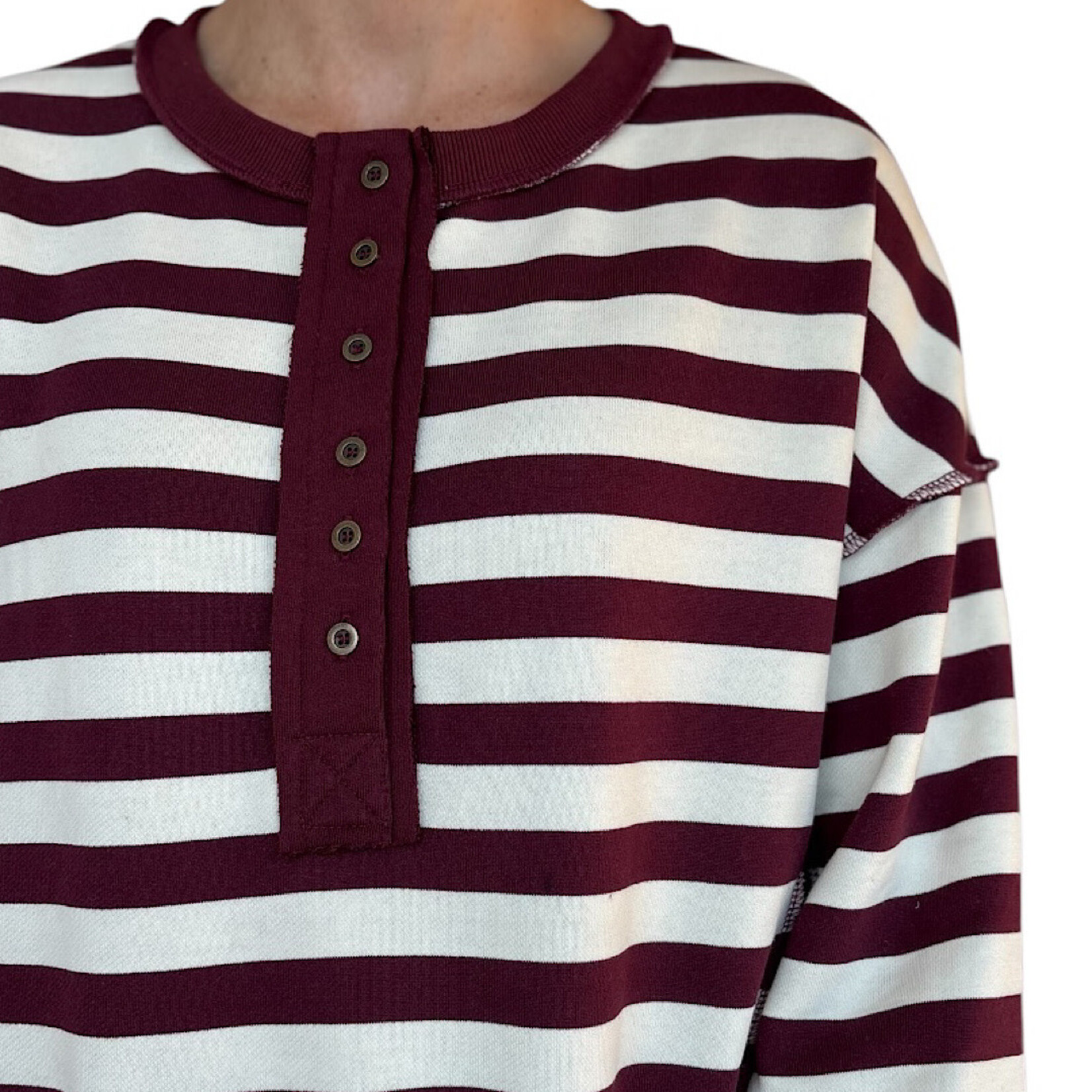 Burgundy/Cream Oversized Half Button Down Casual Knit Top