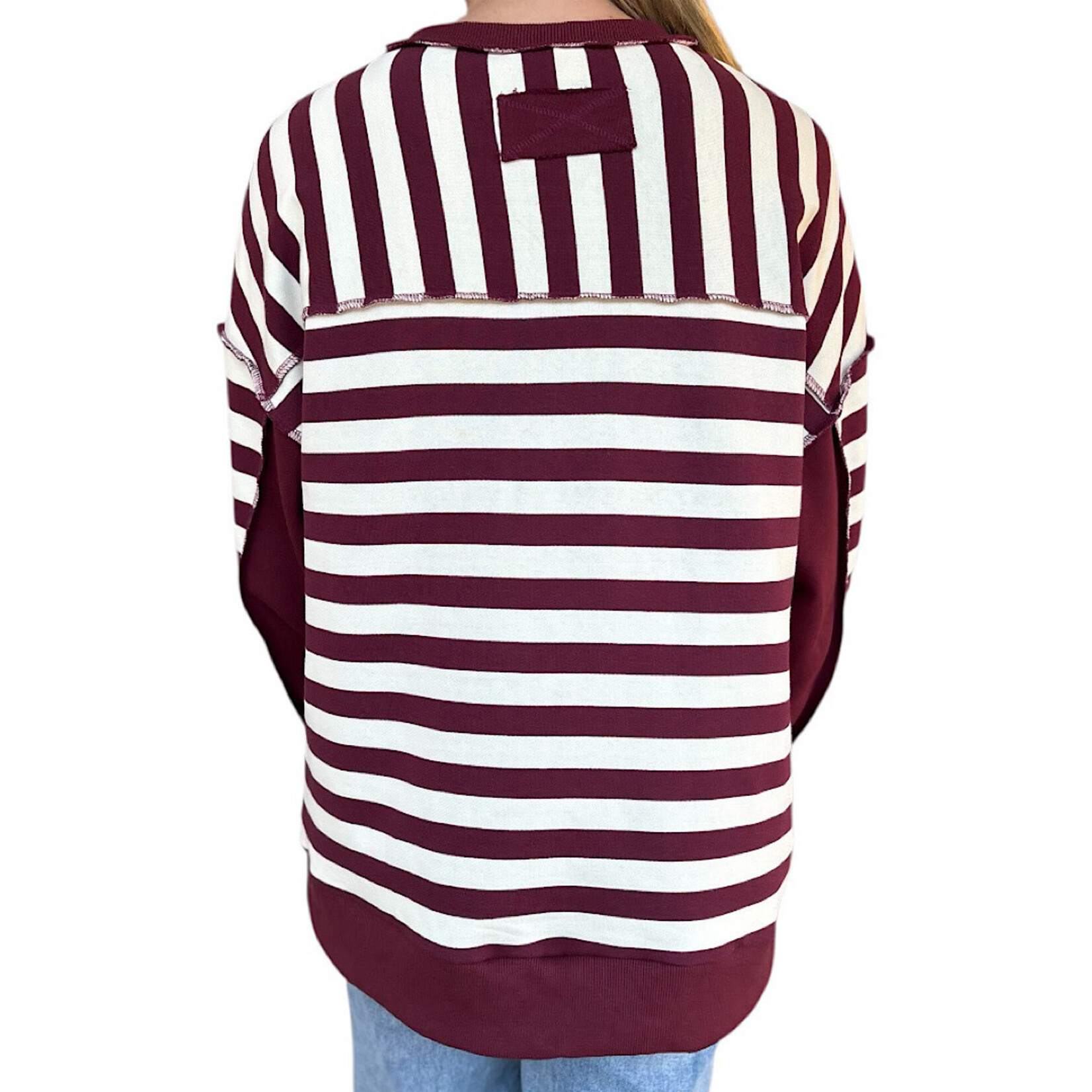 Burgundy/Cream Oversized Half Button Down Casual Knit Top