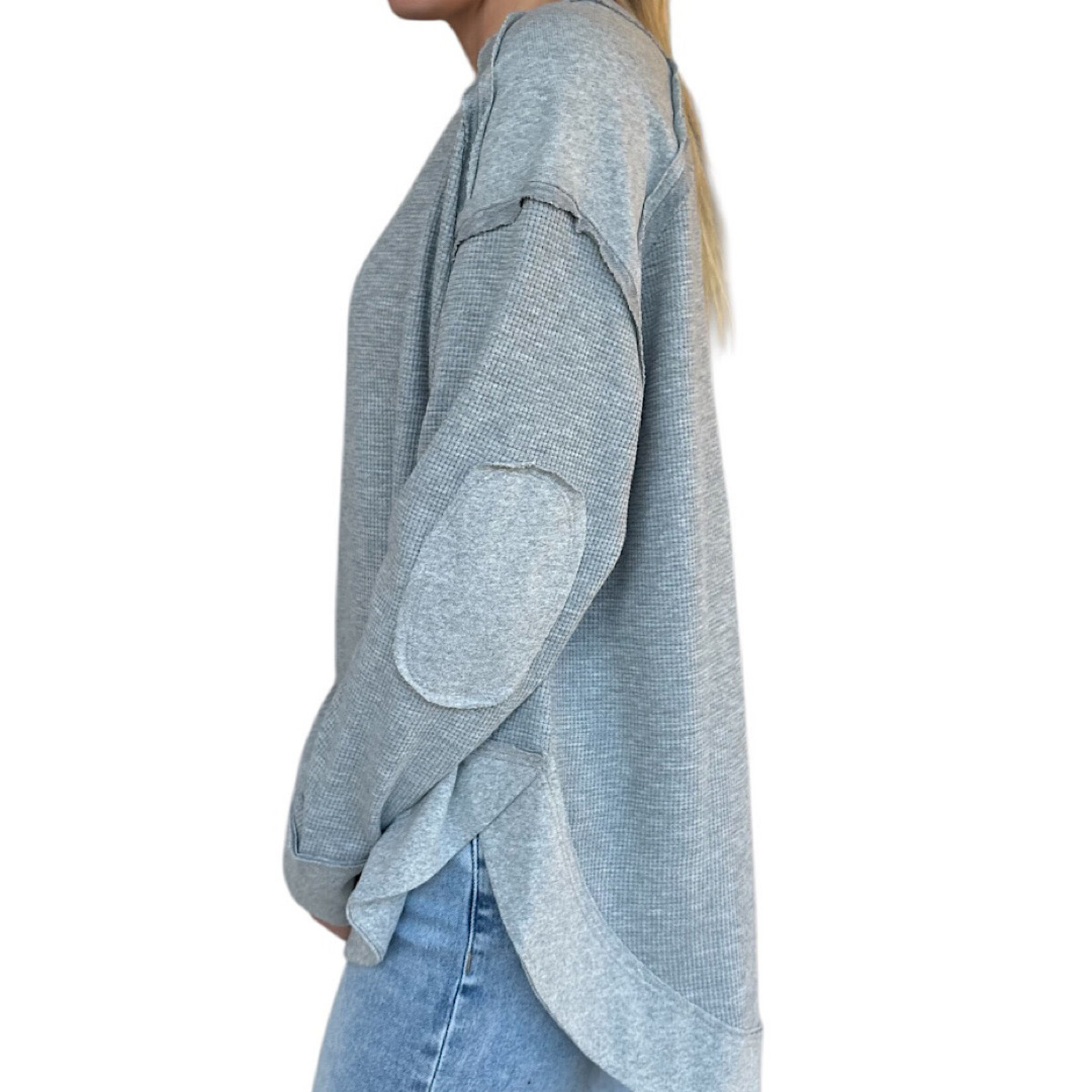 Heather Gray Mineral Washed Elbow Patch Contrast Knit Top