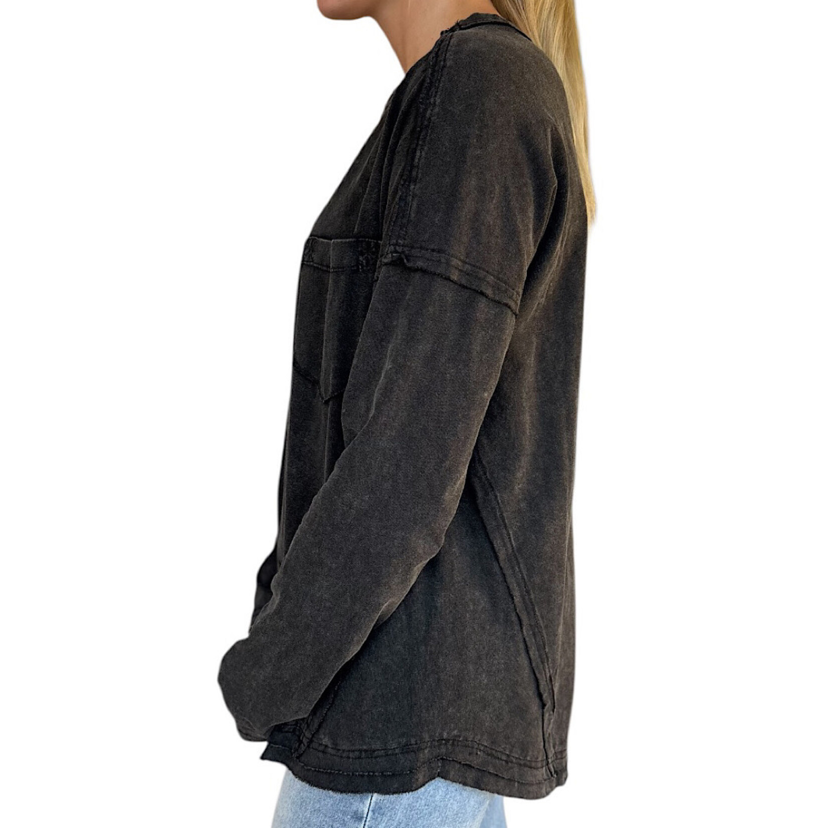 Black Mineral Washed Casual Knit Top