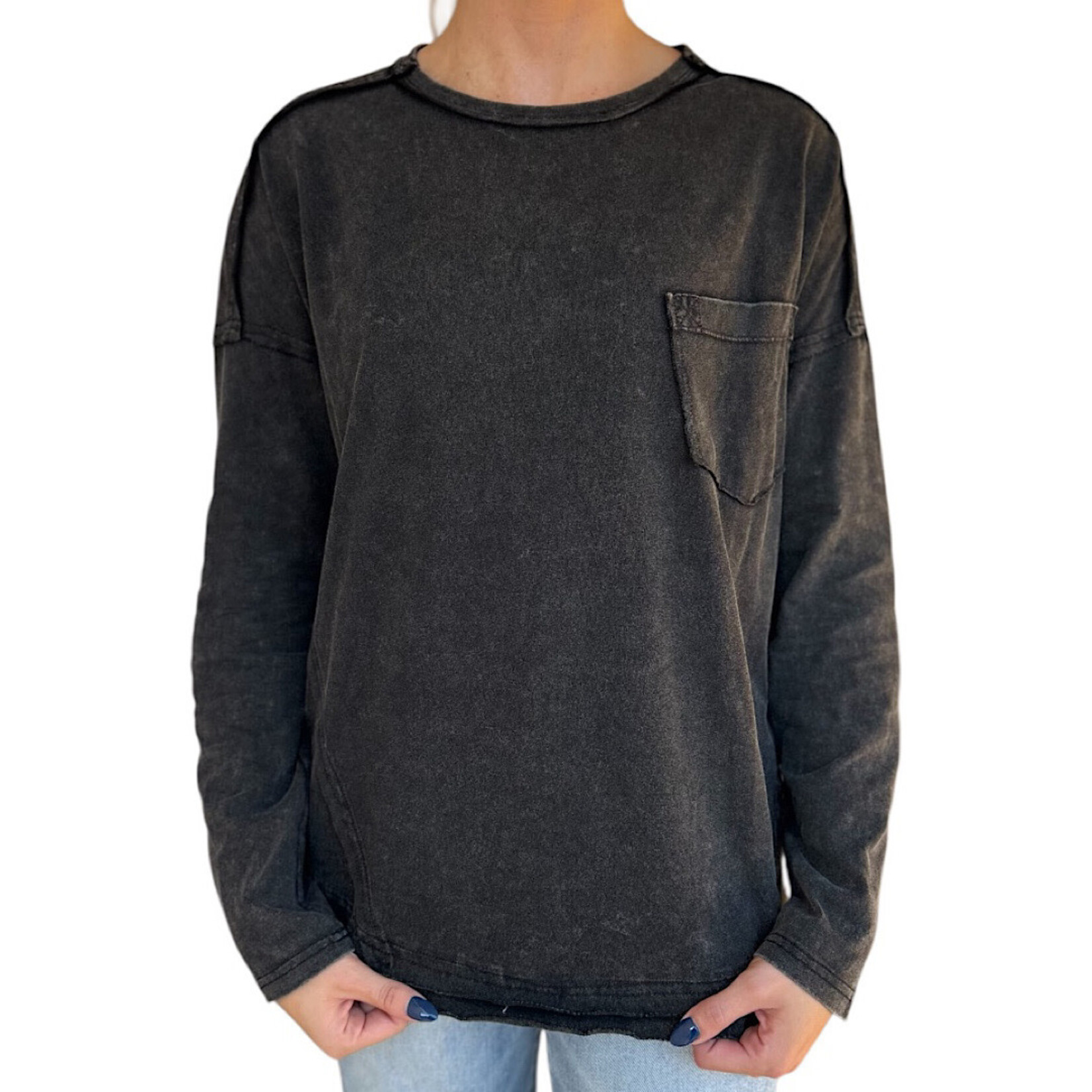 Black Mineral Washed Casual Knit Top