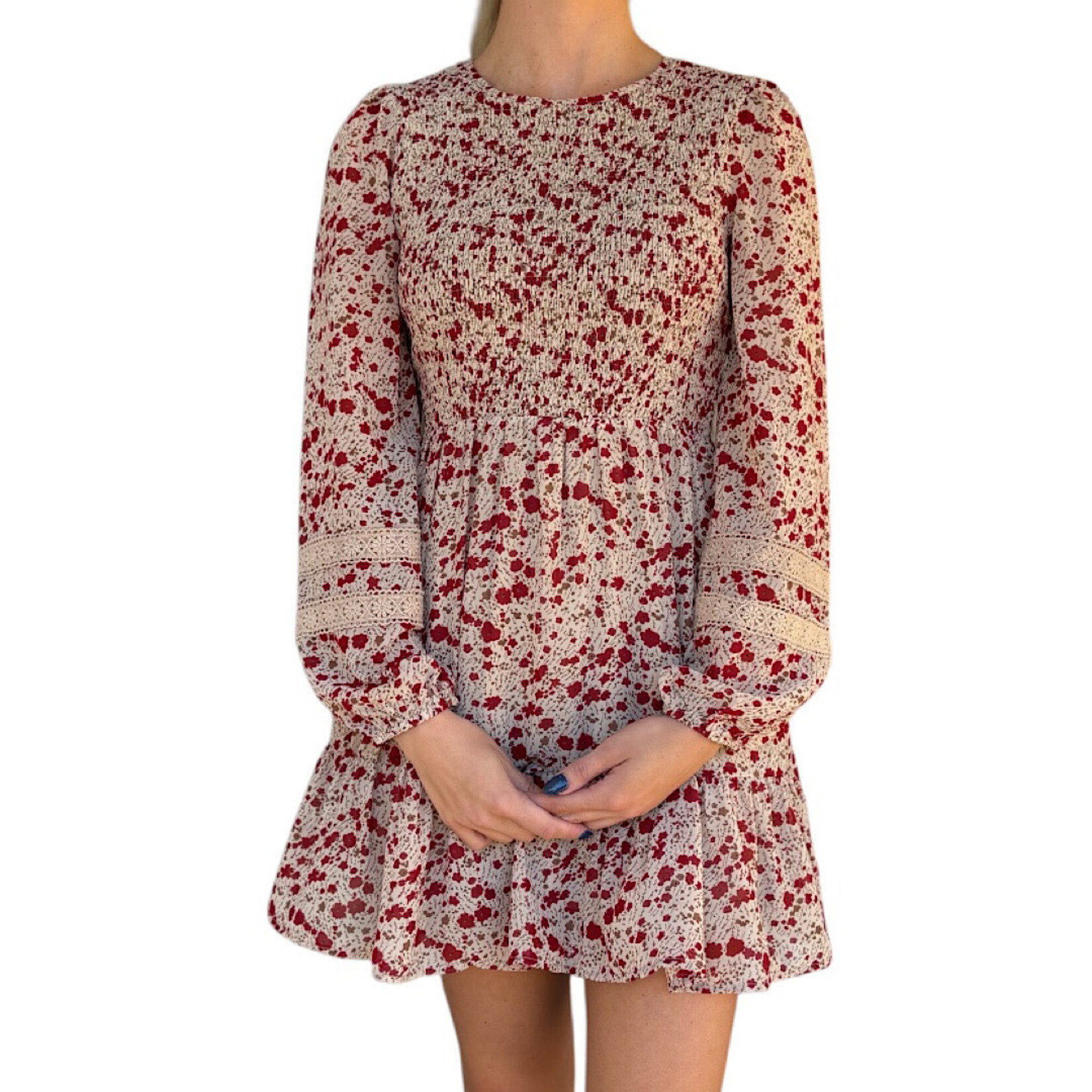 Champagne Lace Trim Smocking Printed Mini Dress