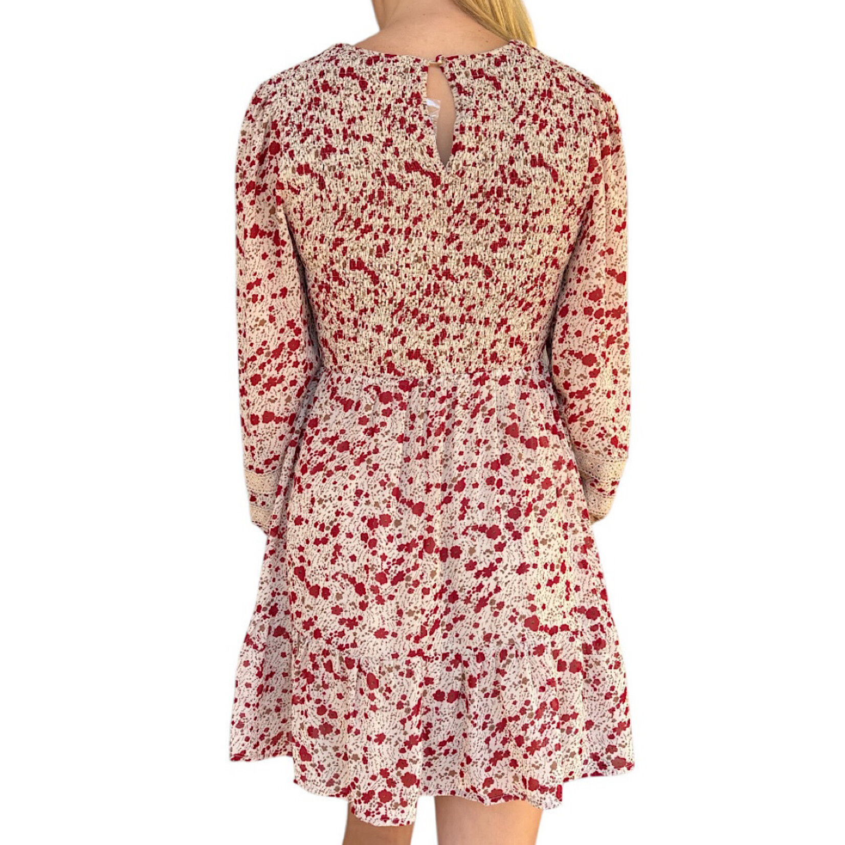 Champagne Lace Trim Smocking Printed Mini Dress