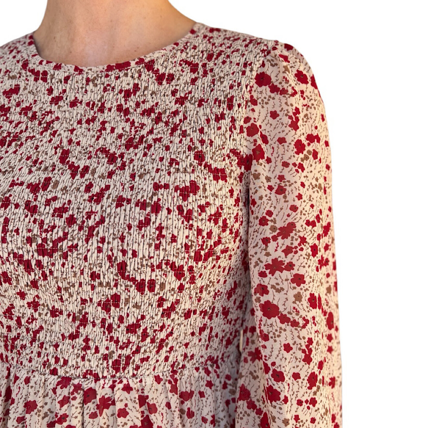 Champagne Lace Trim Smocking Printed Mini Dress