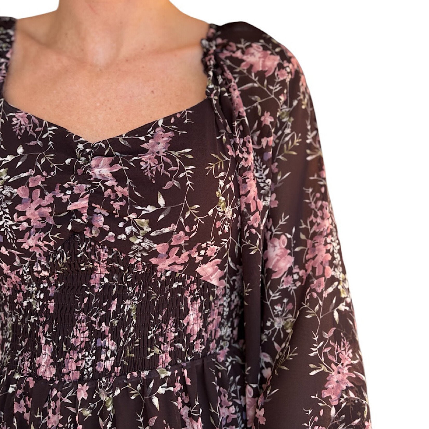 Burgundy Floral Printed Smocked Torso Midi Dress