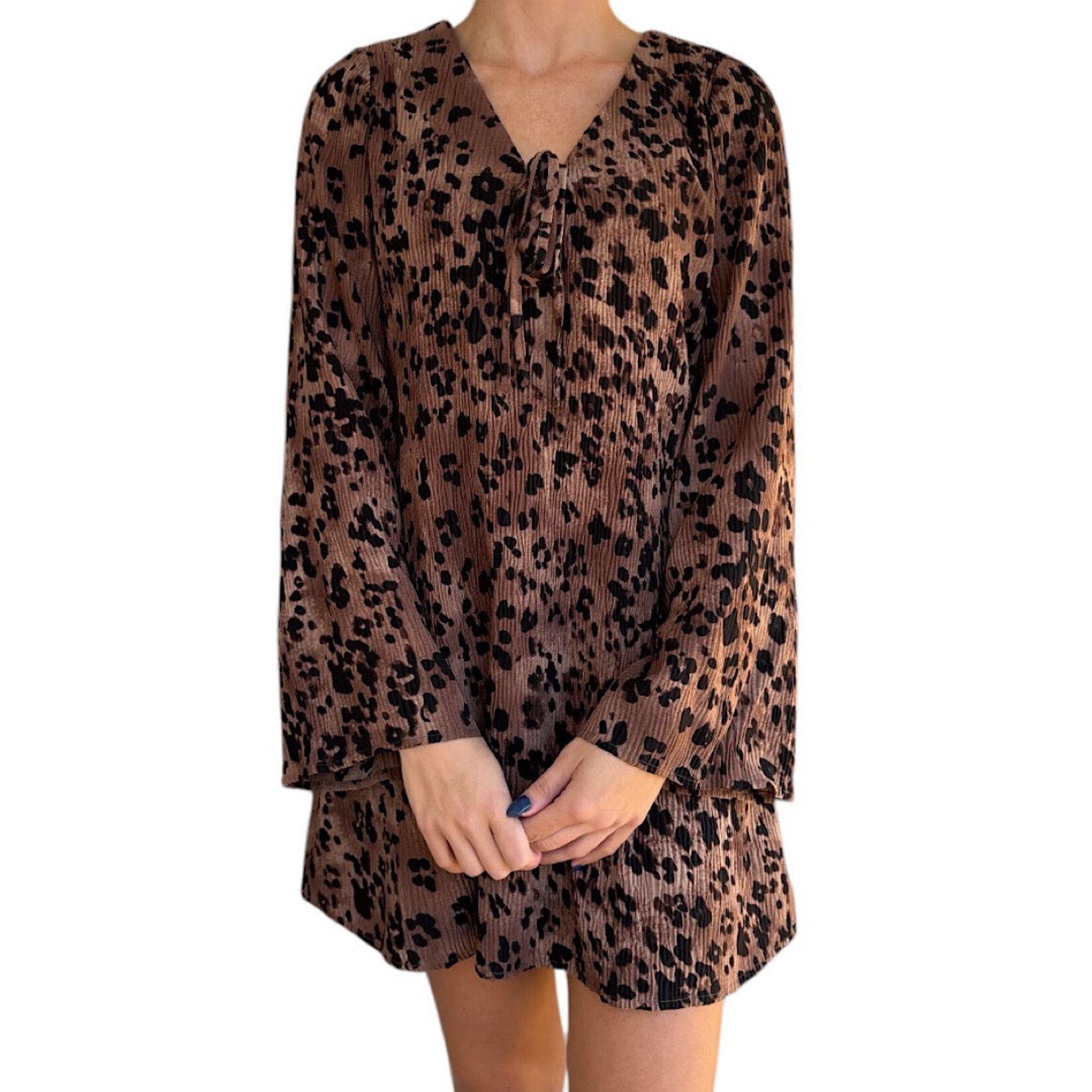 Mocha Leopard Printed Pleated Mini Dress