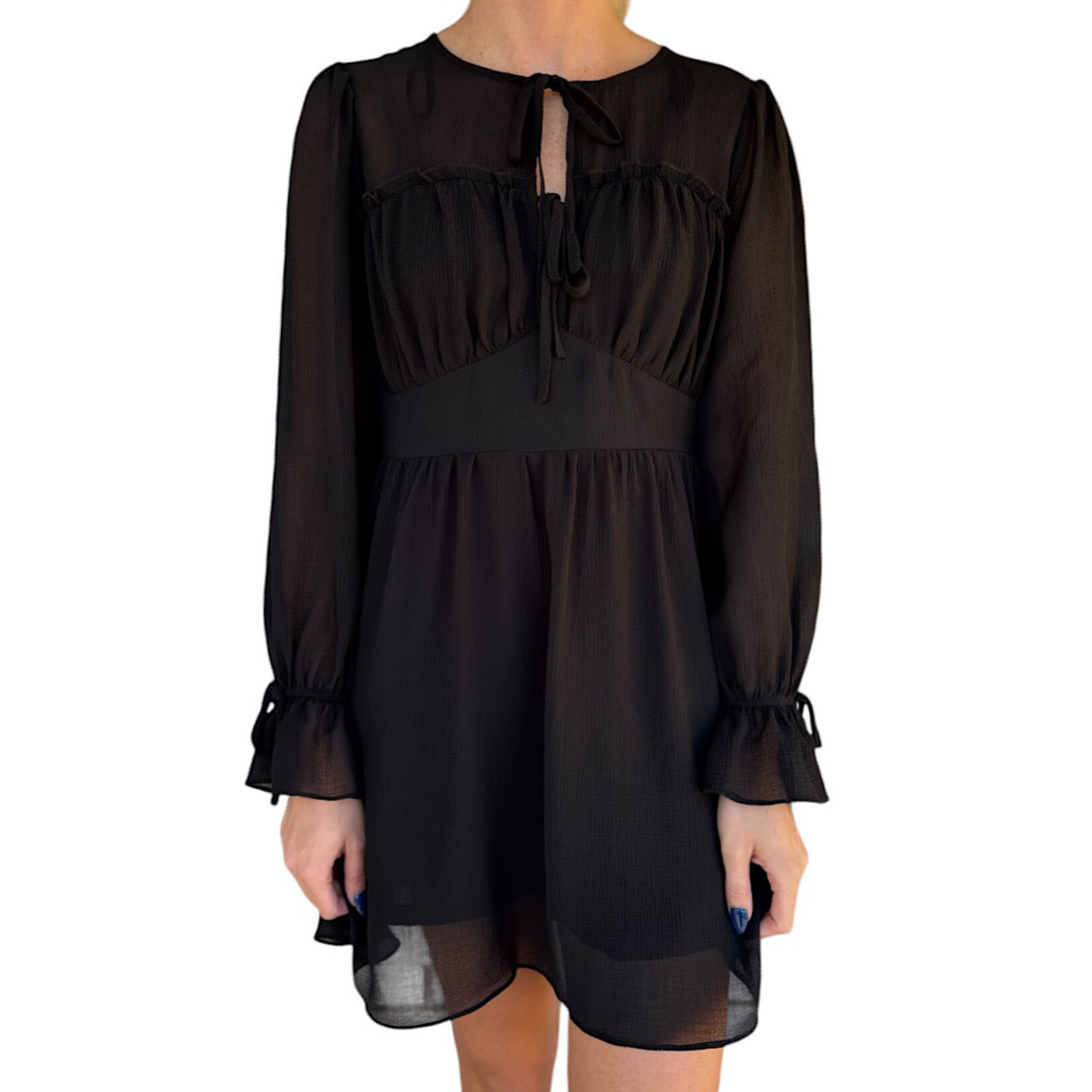 Black Ruffle & Bow Detail Mini Woven Dress