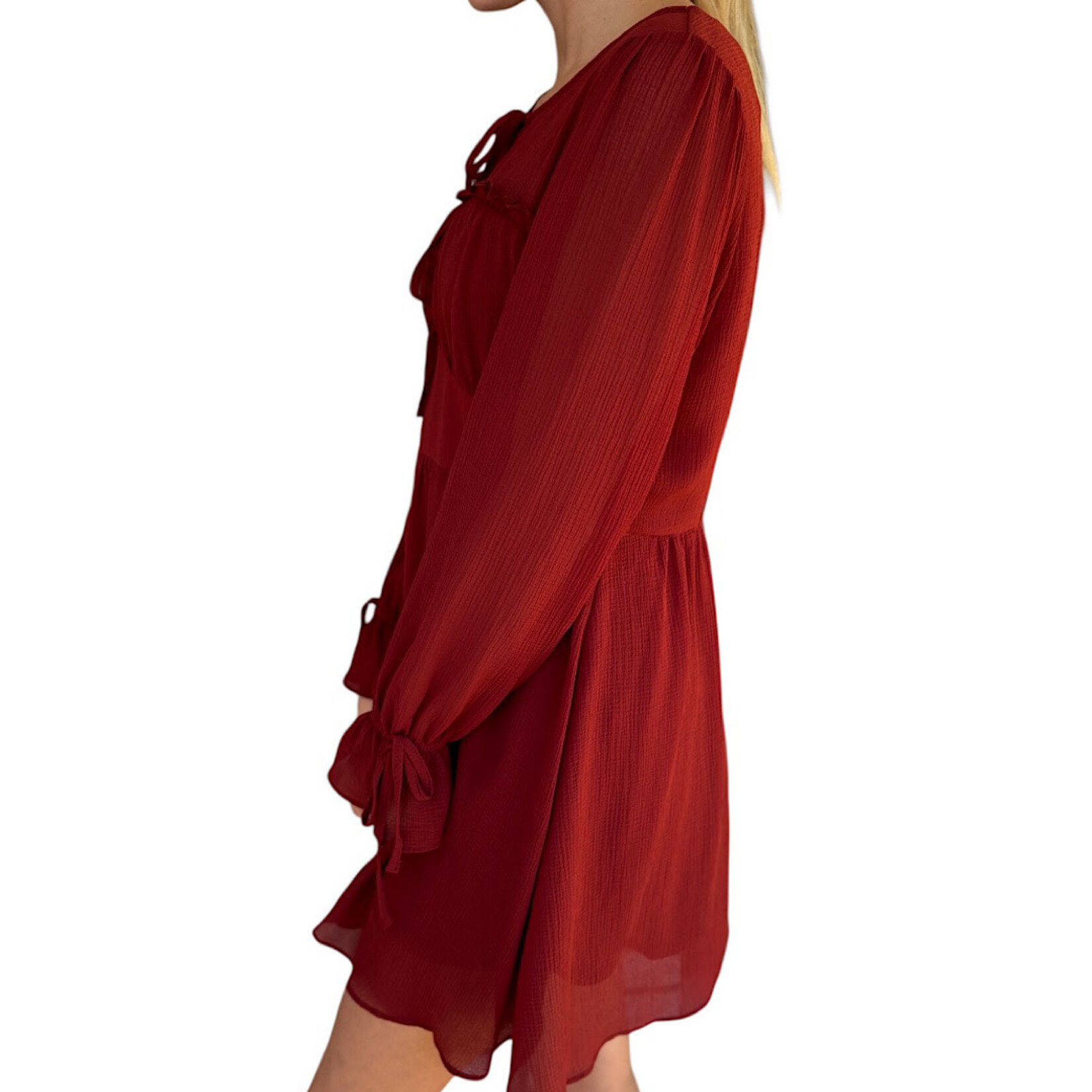 Brick Ruffle & Bow Detail Mini Woven Dress