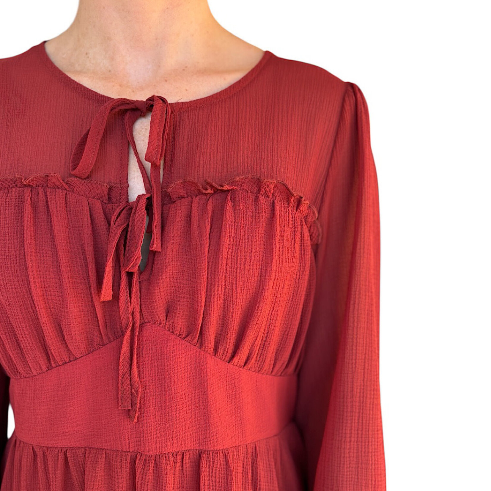 Brick Ruffle & Bow Detail Mini Woven Dress