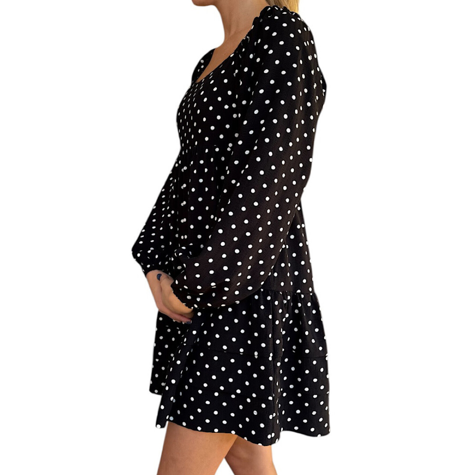 Black/Ivory Polka Dot Printed Tiered Layer Mini Dress
