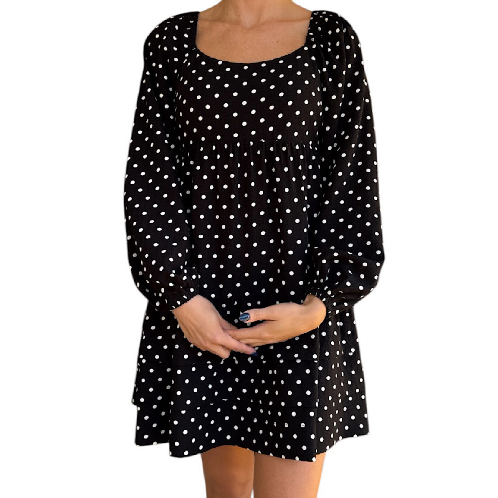Black/Ivory Polka Dot Printed Tiered Layer Mini Dress