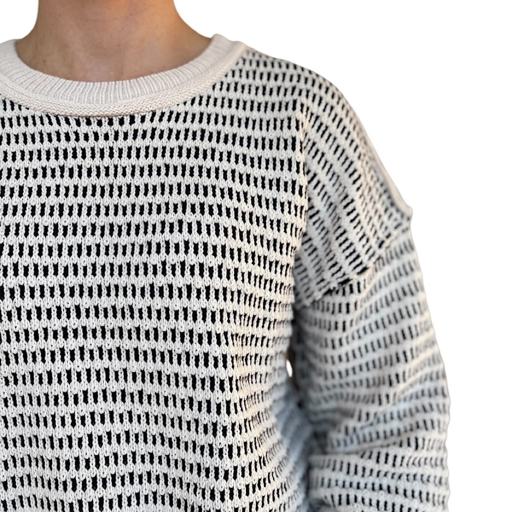 Black Two Tone Textured Knit Casual Sweater Top