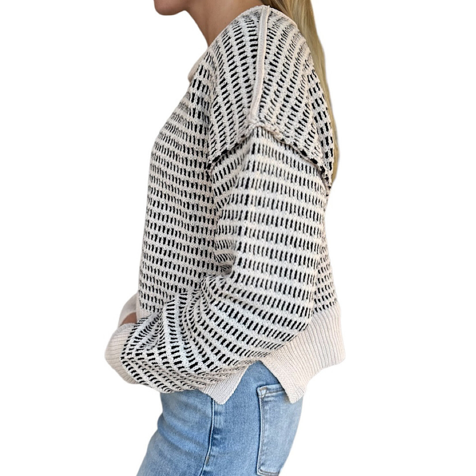 Black Two Tone Textured Knit Casual Sweater Top