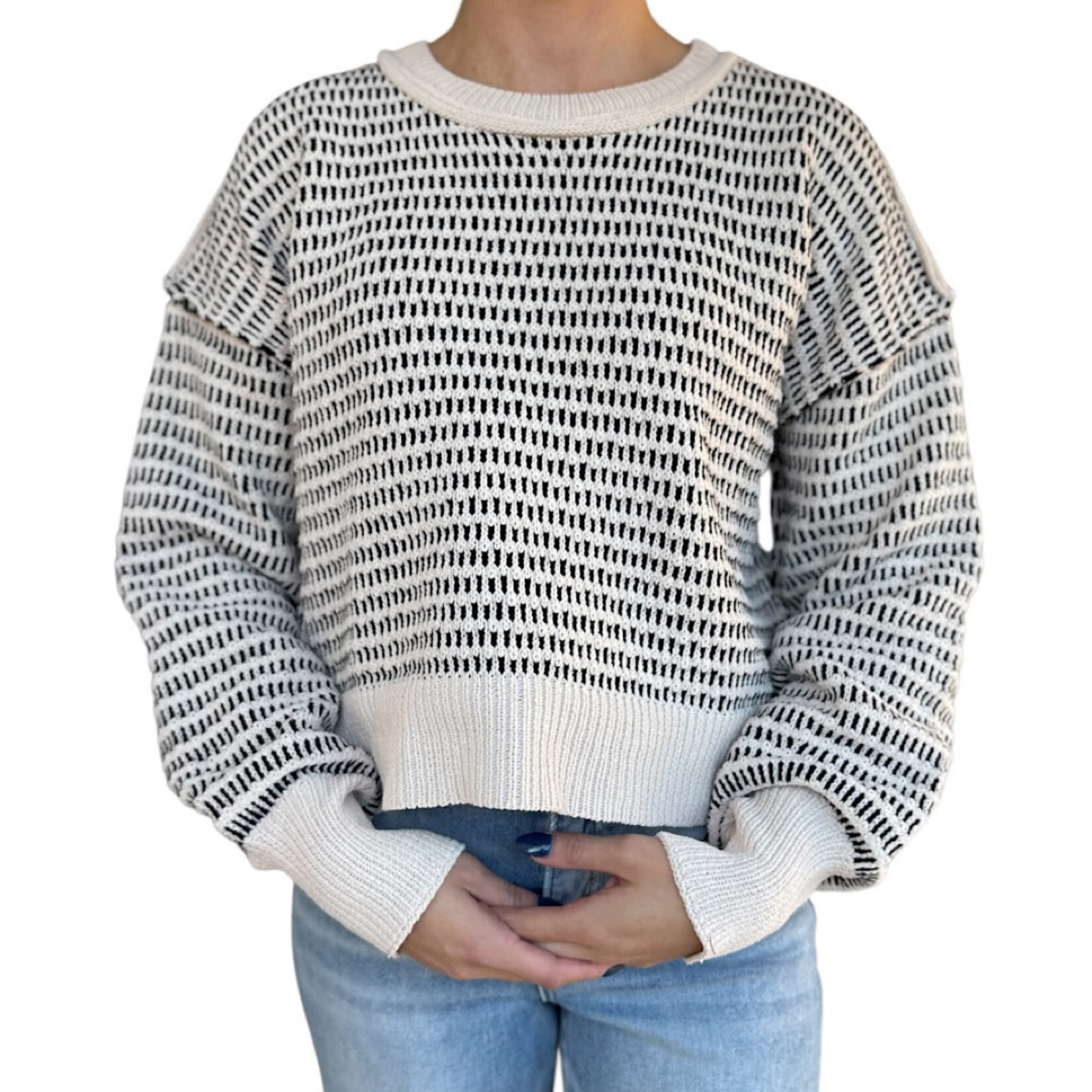 Black Two Tone Textured Knit Casual Sweater Top