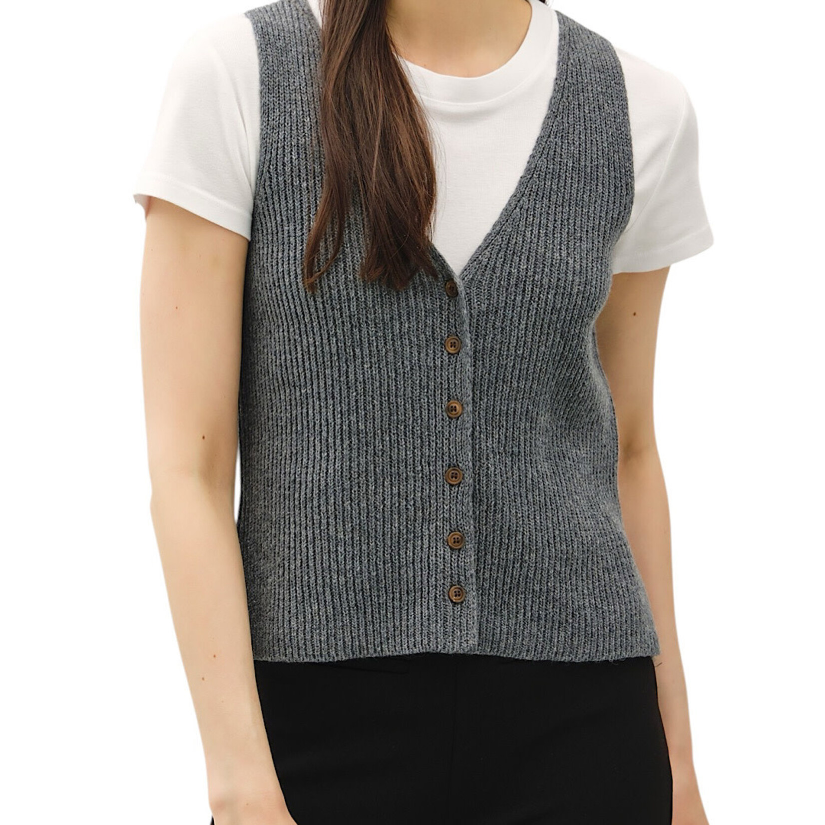Charcoal Chunky Ribbed V-Neck Button Up Sweater Vest