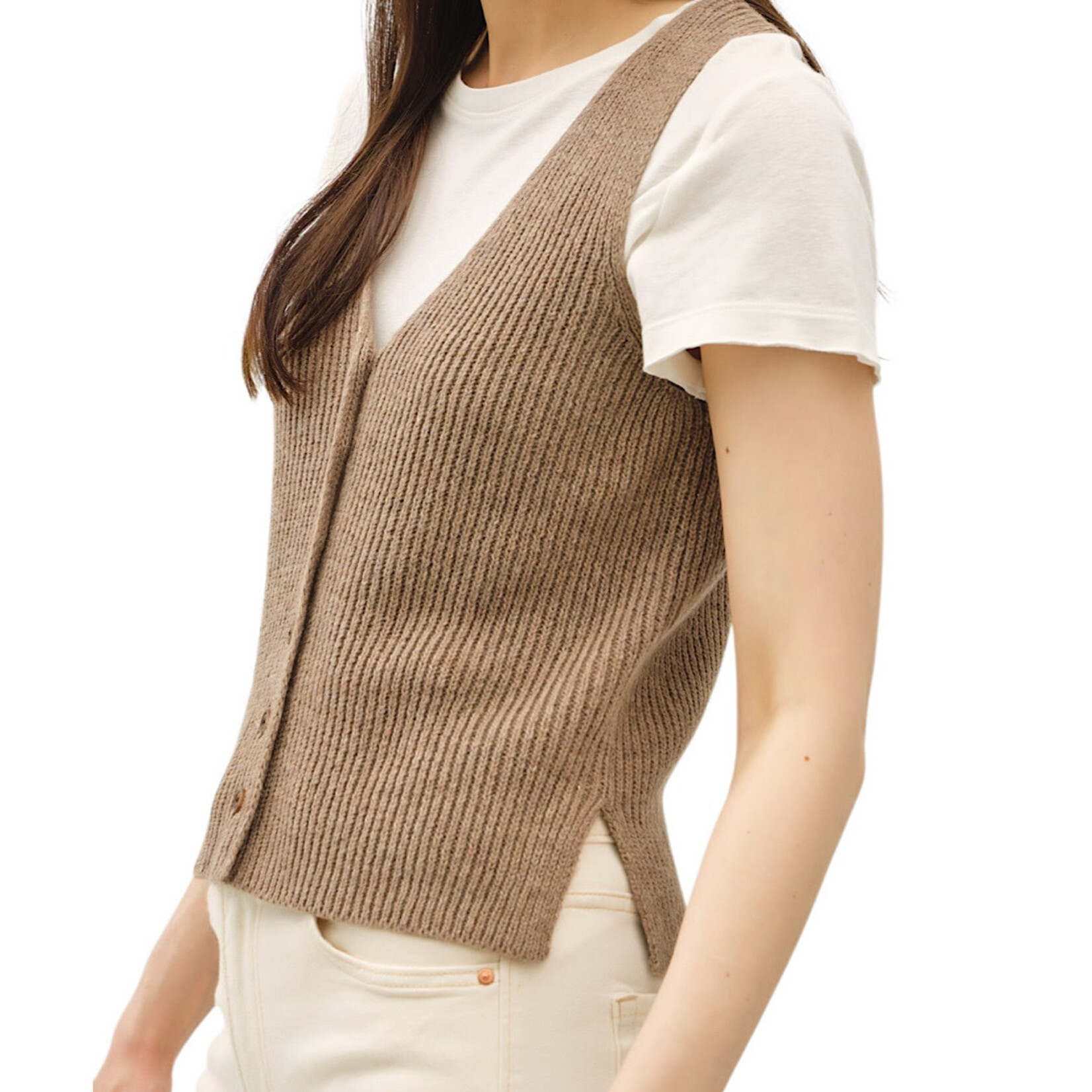 Mocha Chunky Ribbed V-Neck Button Up Sweater Vest