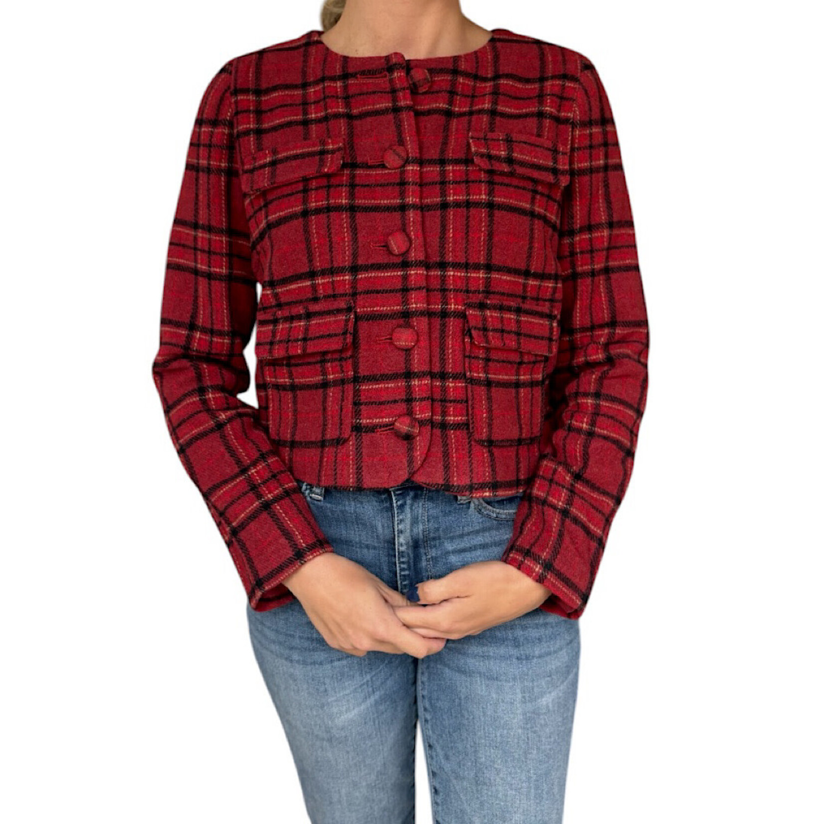 Burgundy Plaid Round Neck Button Down Jacket