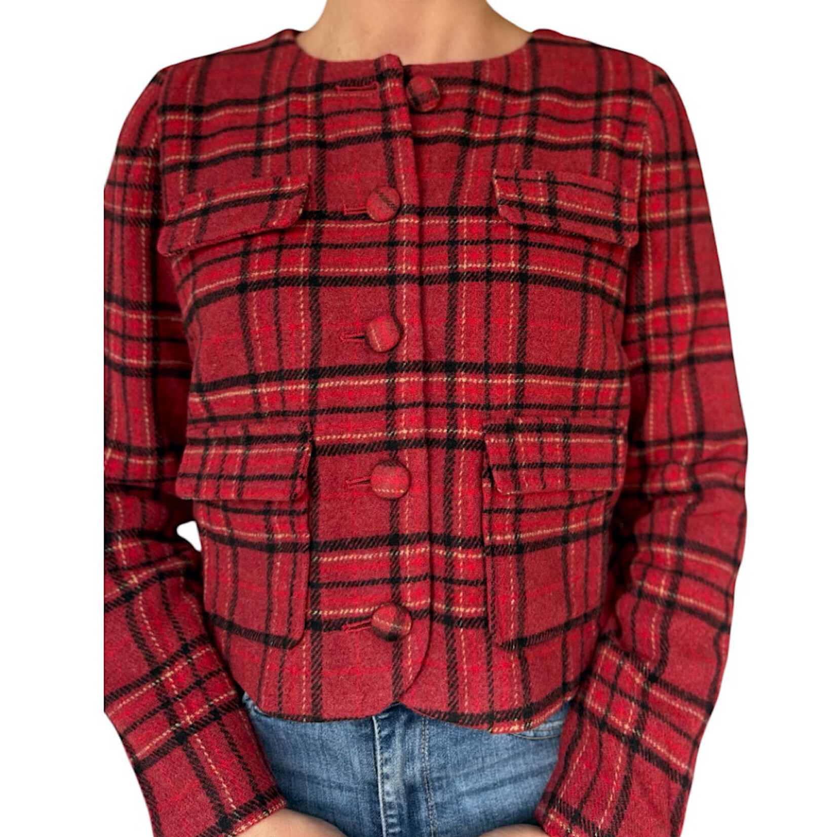 Burgundy Plaid Round Neck Button Down Jacket