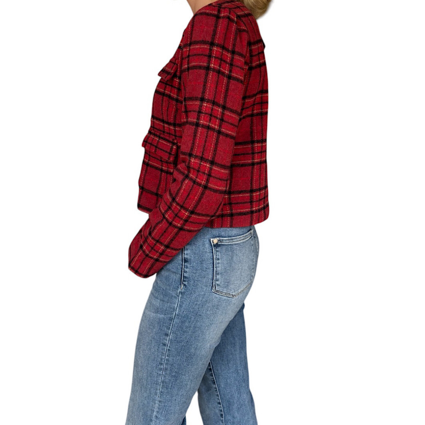 Burgundy Plaid Round Neck Button Down Jacket