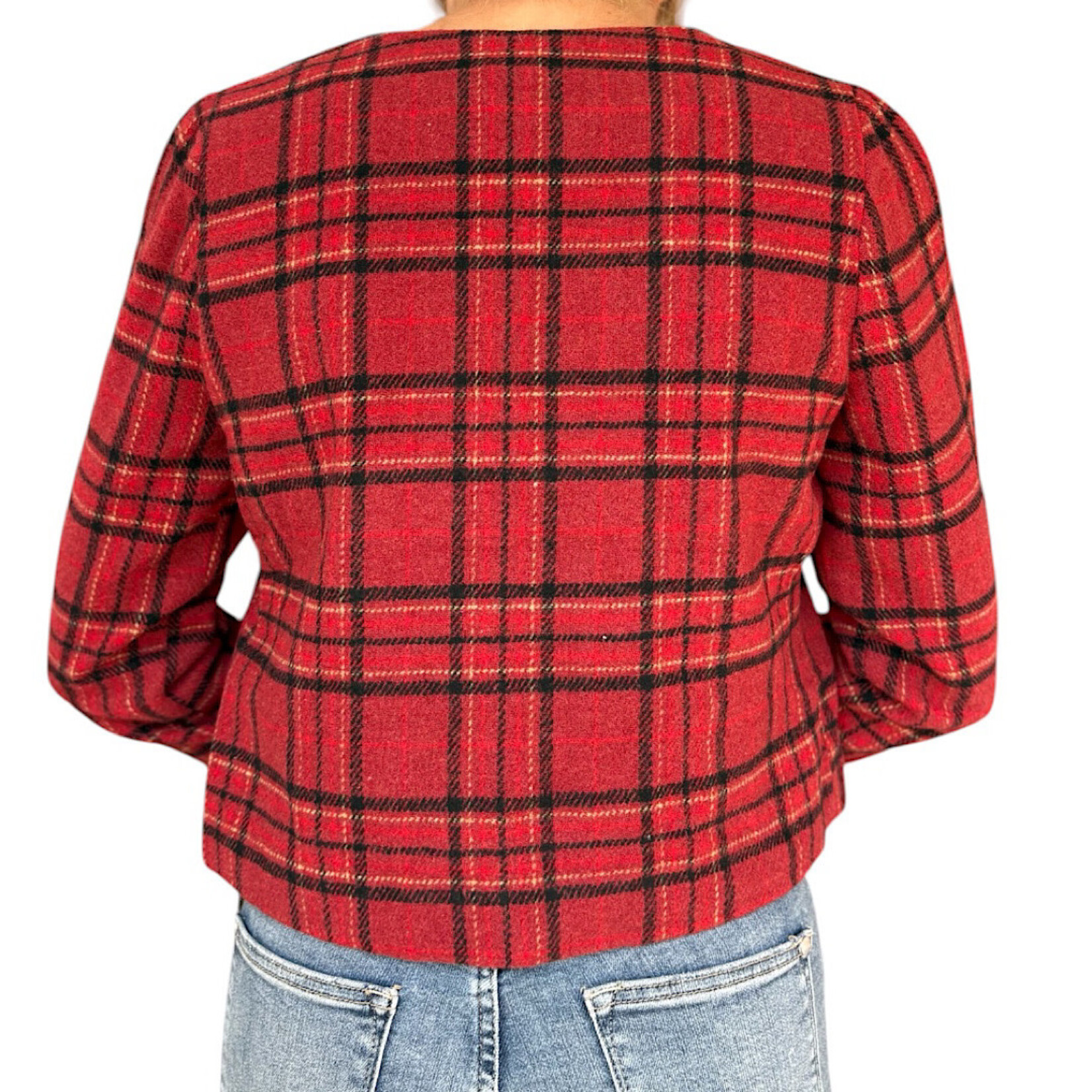 Burgundy Plaid Round Neck Button Down Jacket