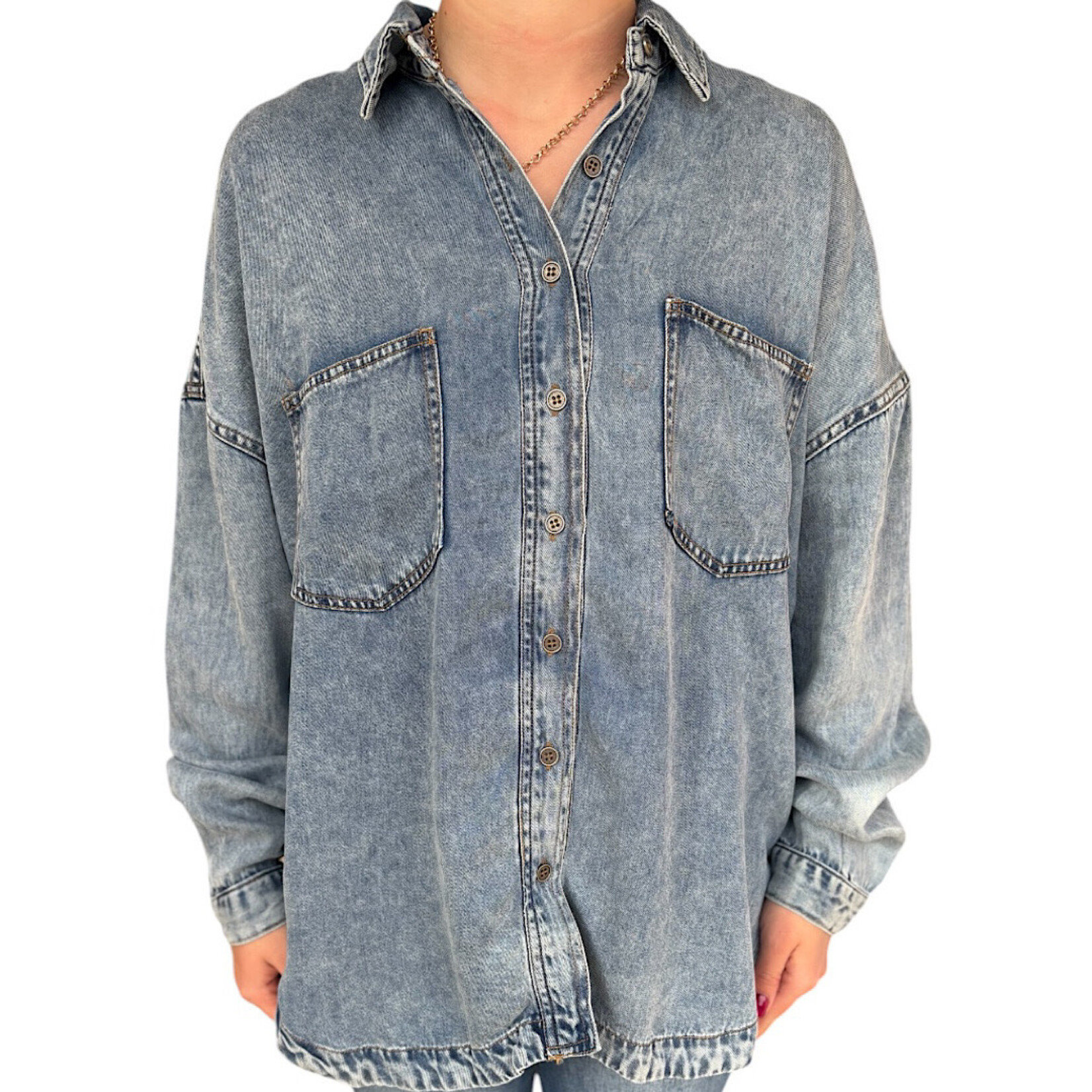 Chambray Washed Button Down Long Sleeve Shirt