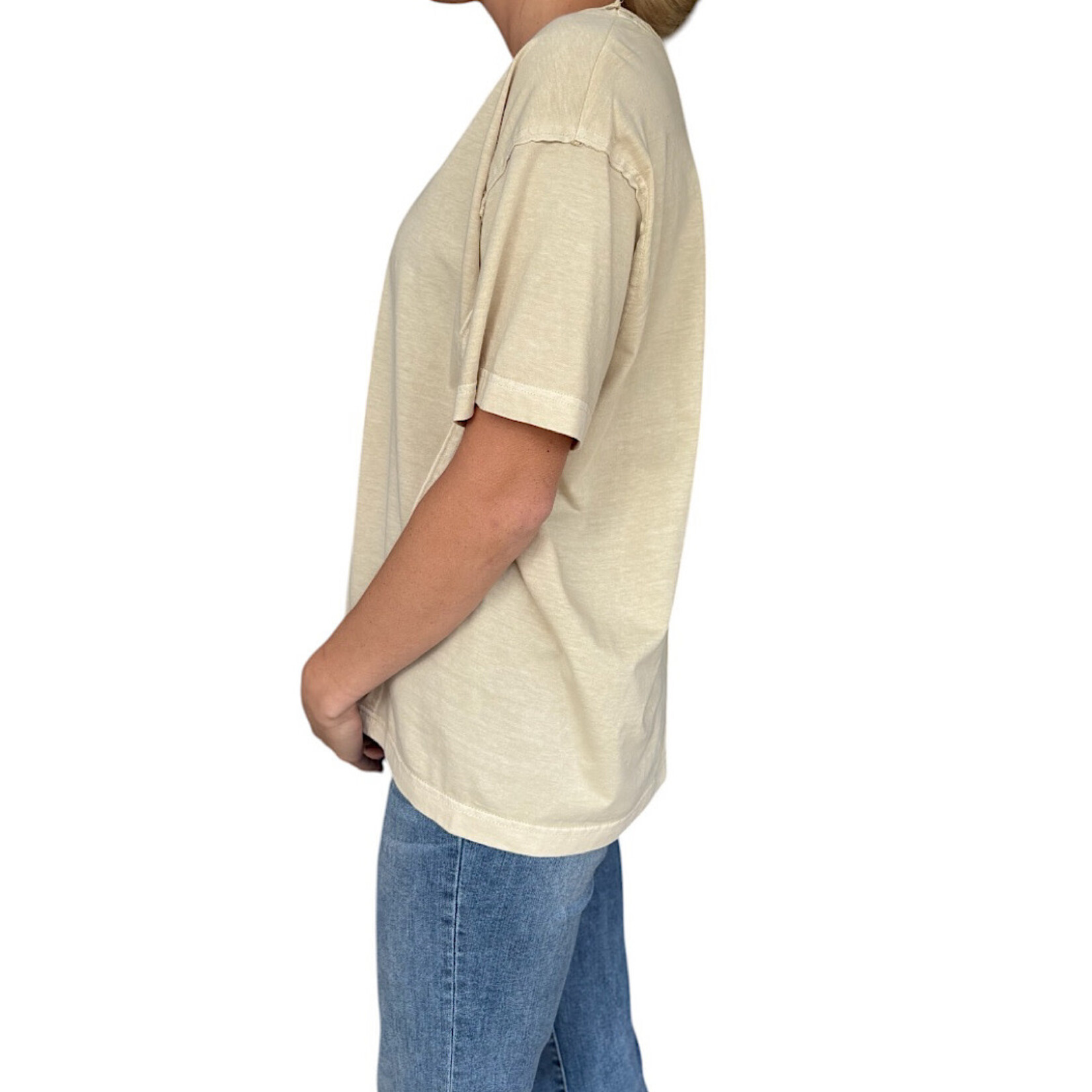 Khaki Washed Raw Edge V-Neck Short Sleeve Top