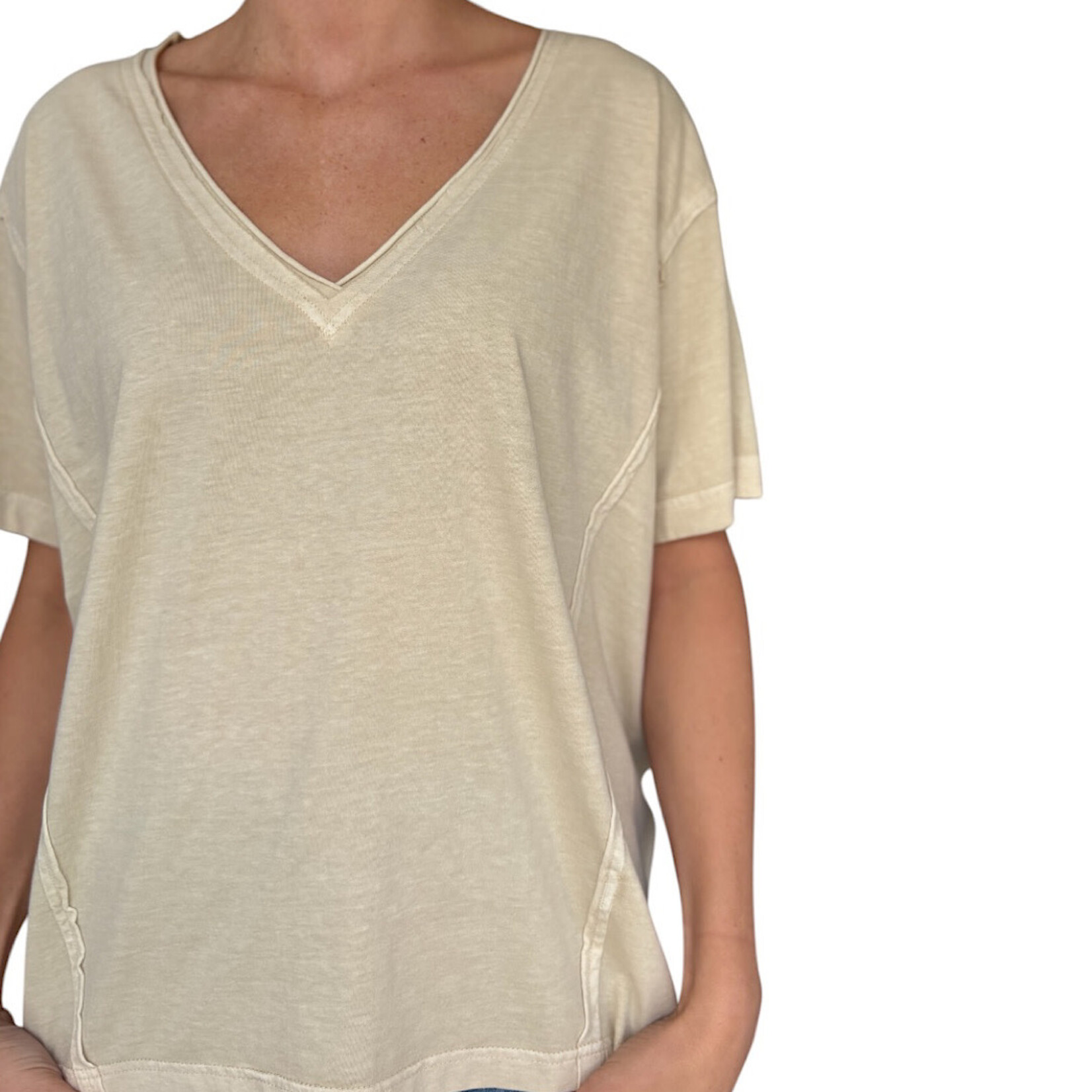 Khaki Washed Raw Edge V-Neck Short Sleeve Top