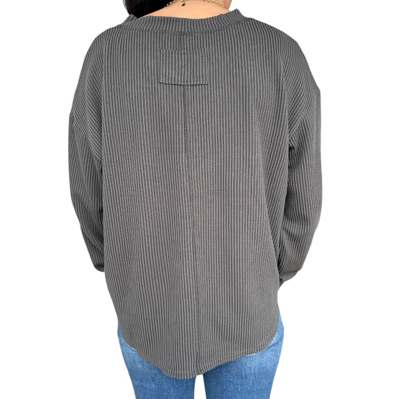 Charcoal Washed Ribbed Long Sleeve Henley Knit Top
