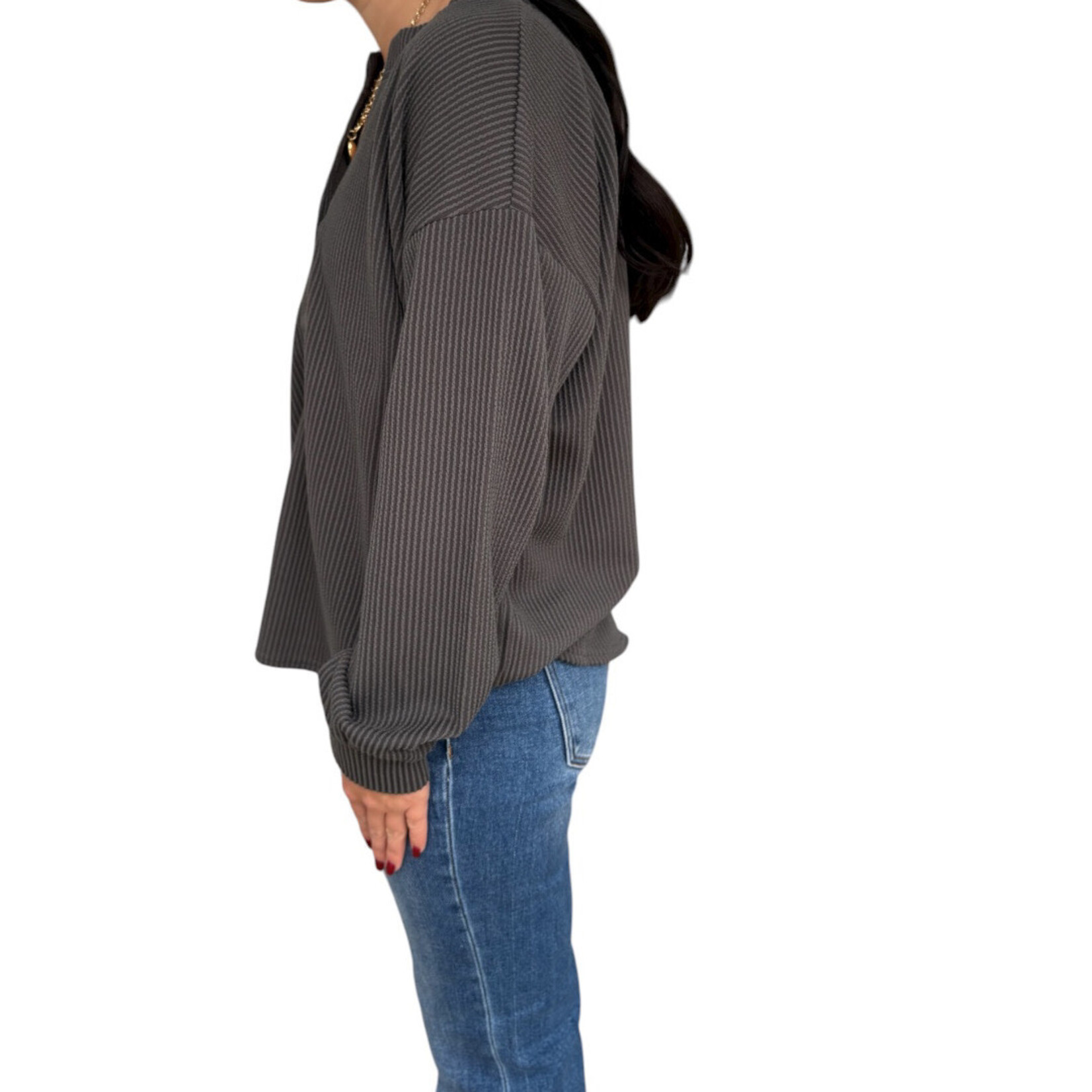 Charcoal Washed Ribbed Long Sleeve Henley Knit Top