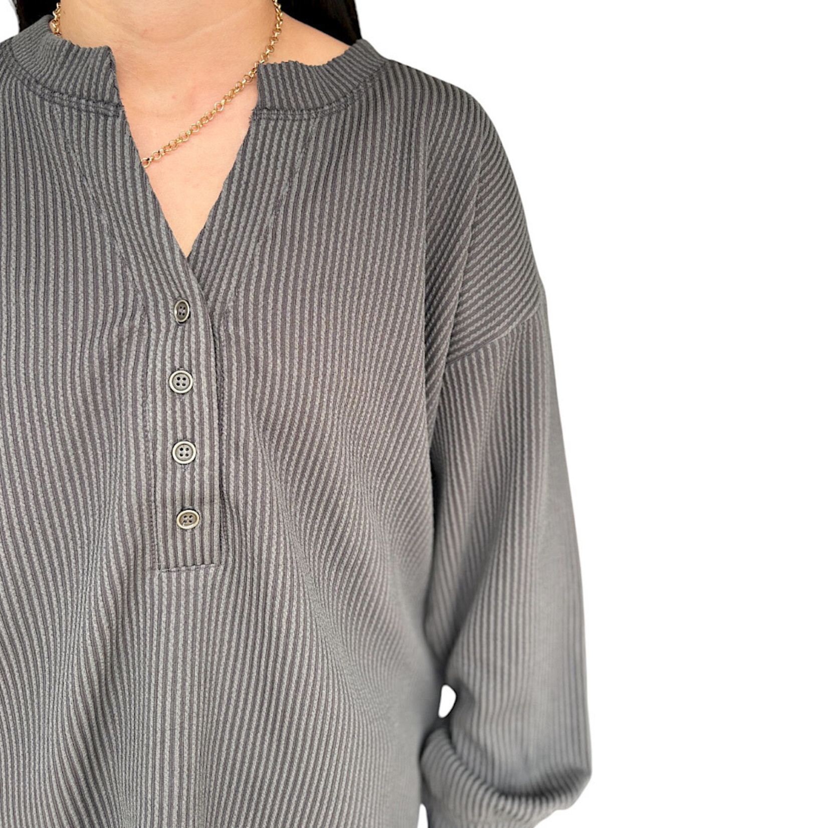 Charcoal Washed Ribbed Long Sleeve Henley Knit Top