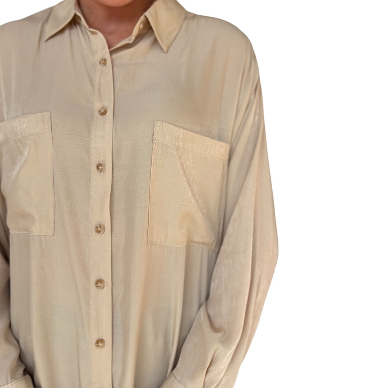 Light Khaki Oversized Button Down Long Sleeve Shirt