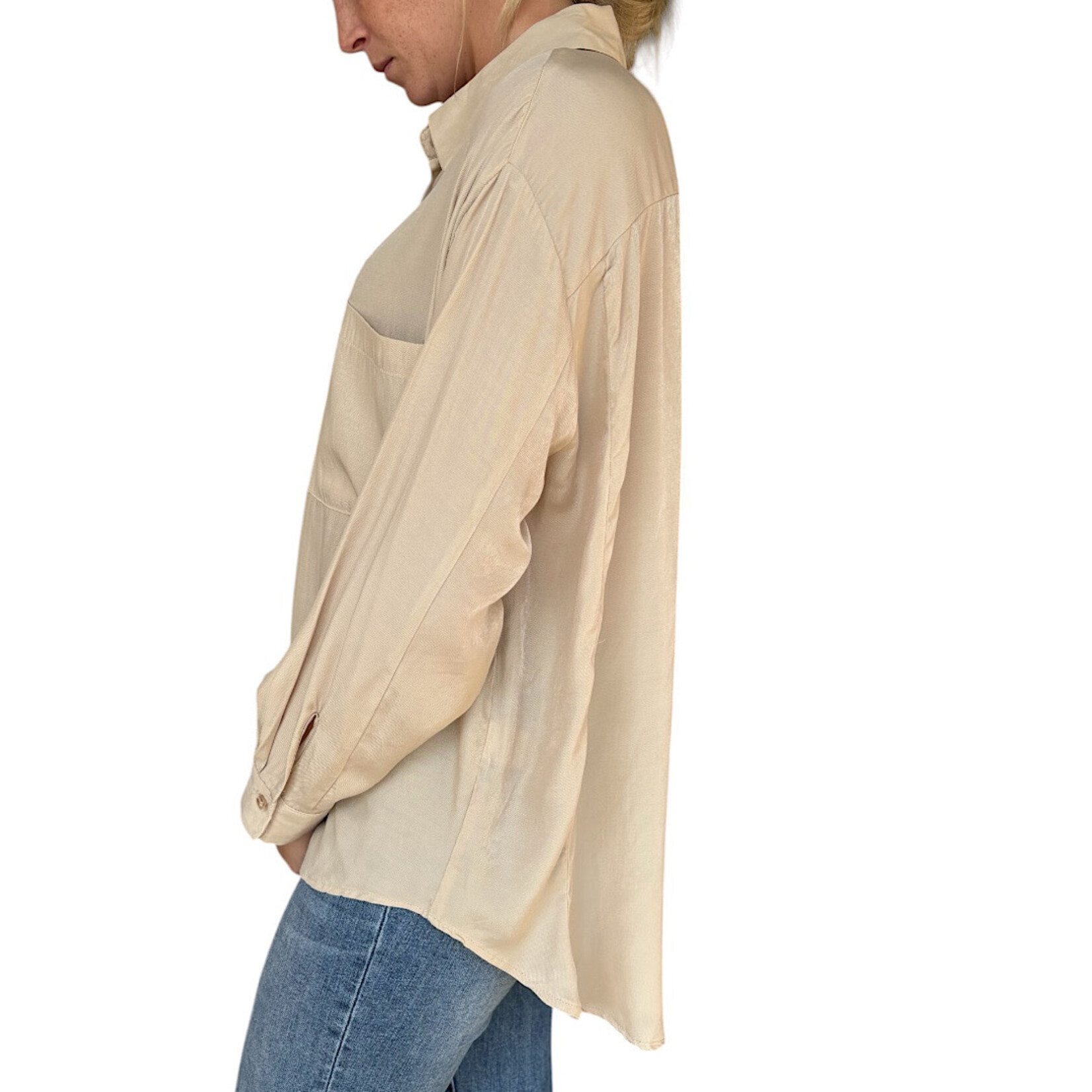 Light Khaki Oversized Button Down Long Sleeve Shirt