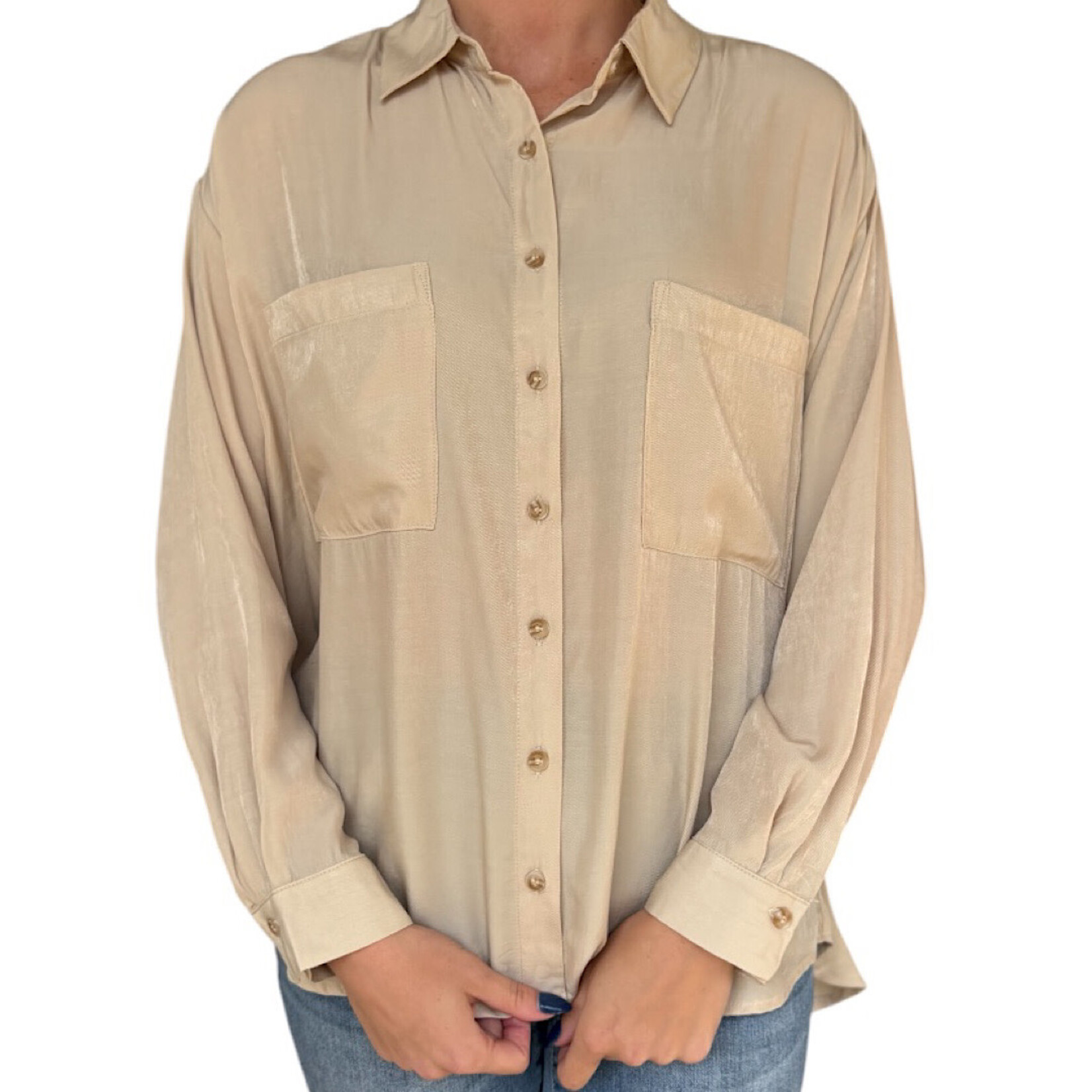 Light Khaki Oversized Button Down Long Sleeve Shirt