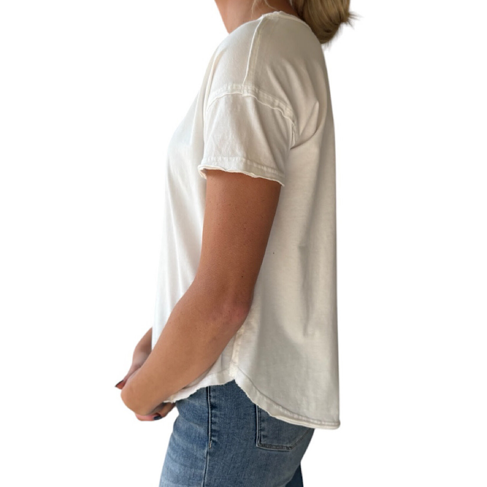 White Exposed Seam Raw Edge Short Sleeve Knit Top