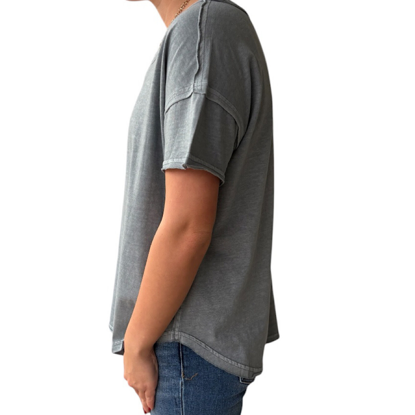 Slate Blue Exposed Seam Raw Edge Short Sleeve Knit Top