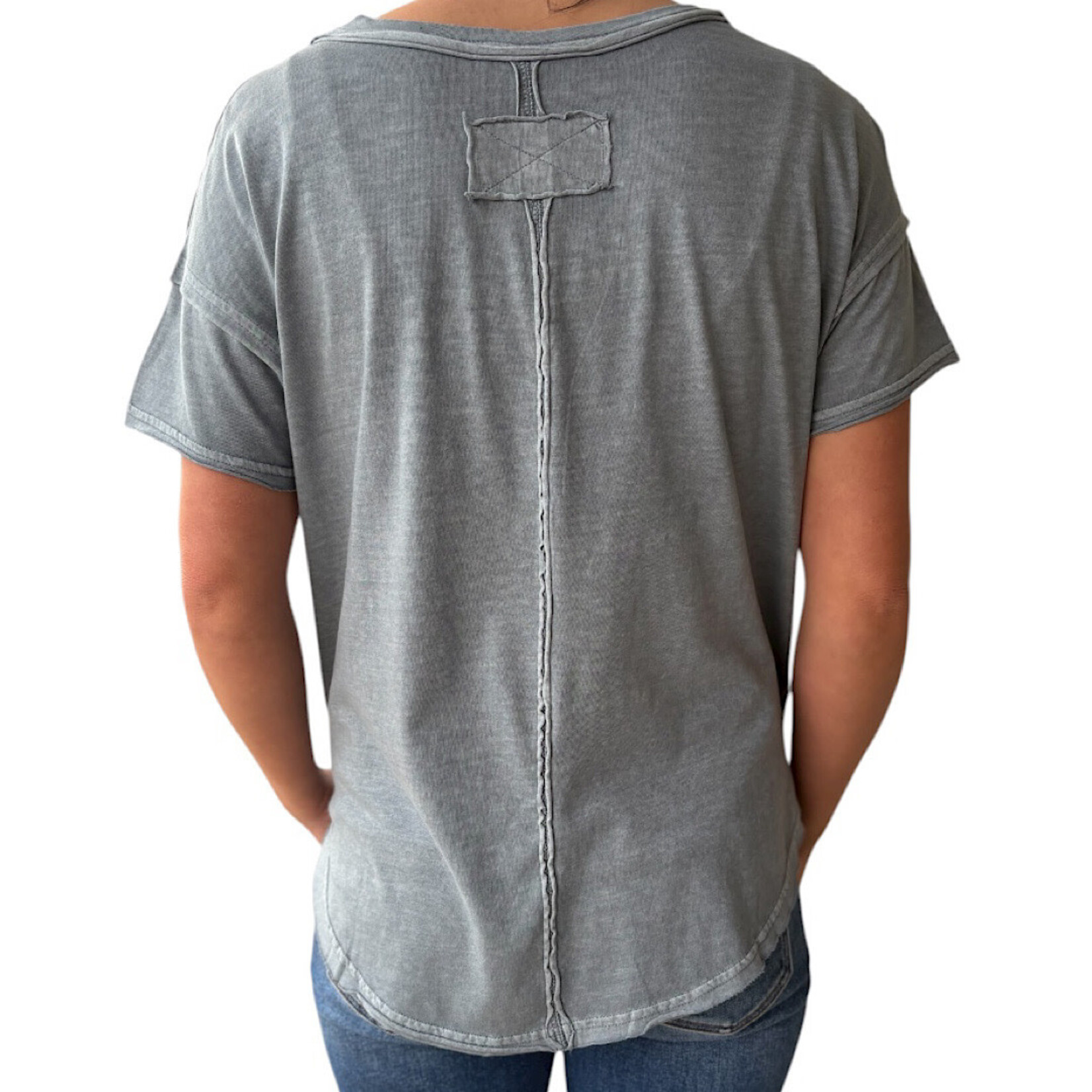 Slate Blue Exposed Seam Raw Edge Short Sleeve Knit Top