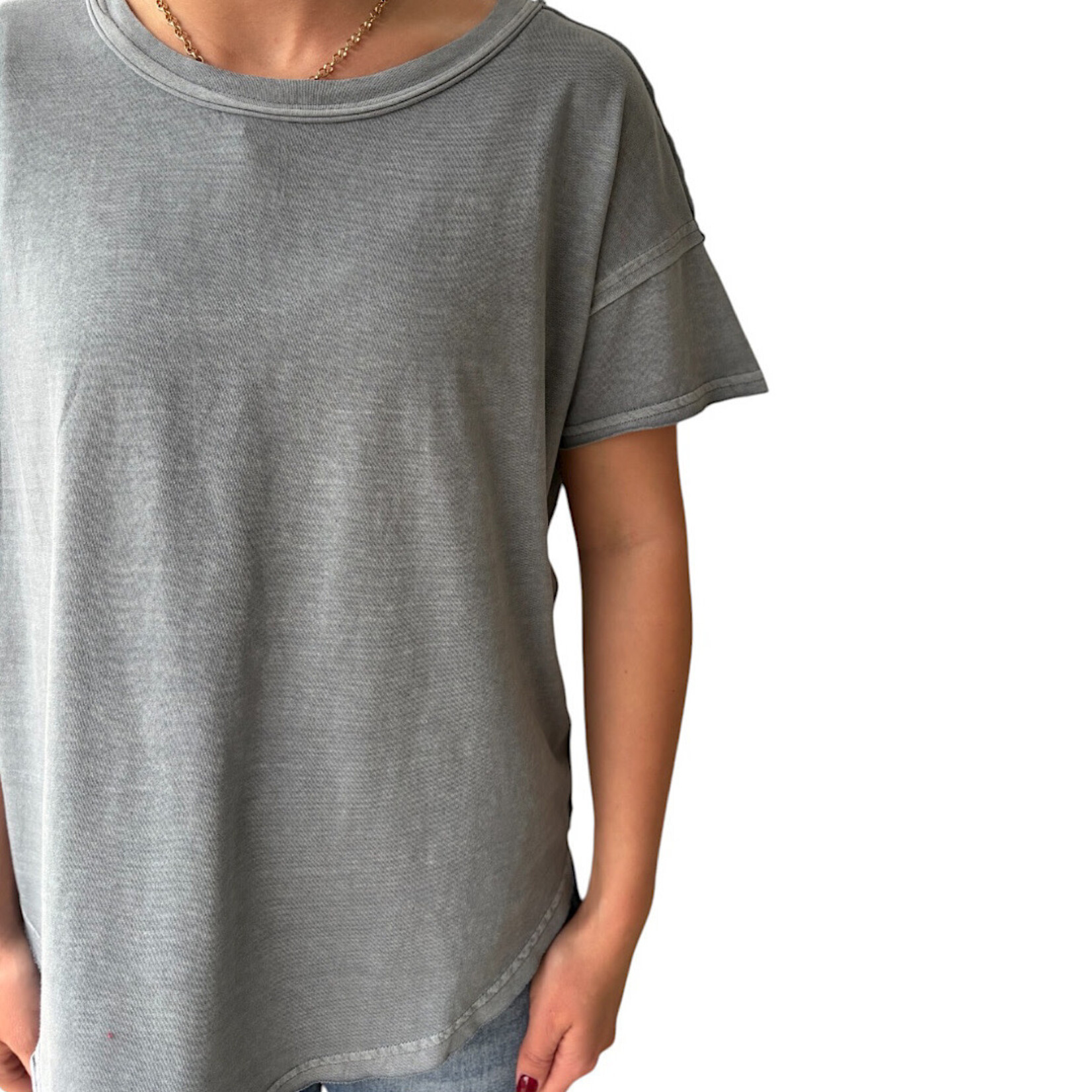 Slate Blue Exposed Seam Raw Edge Short Sleeve Knit Top