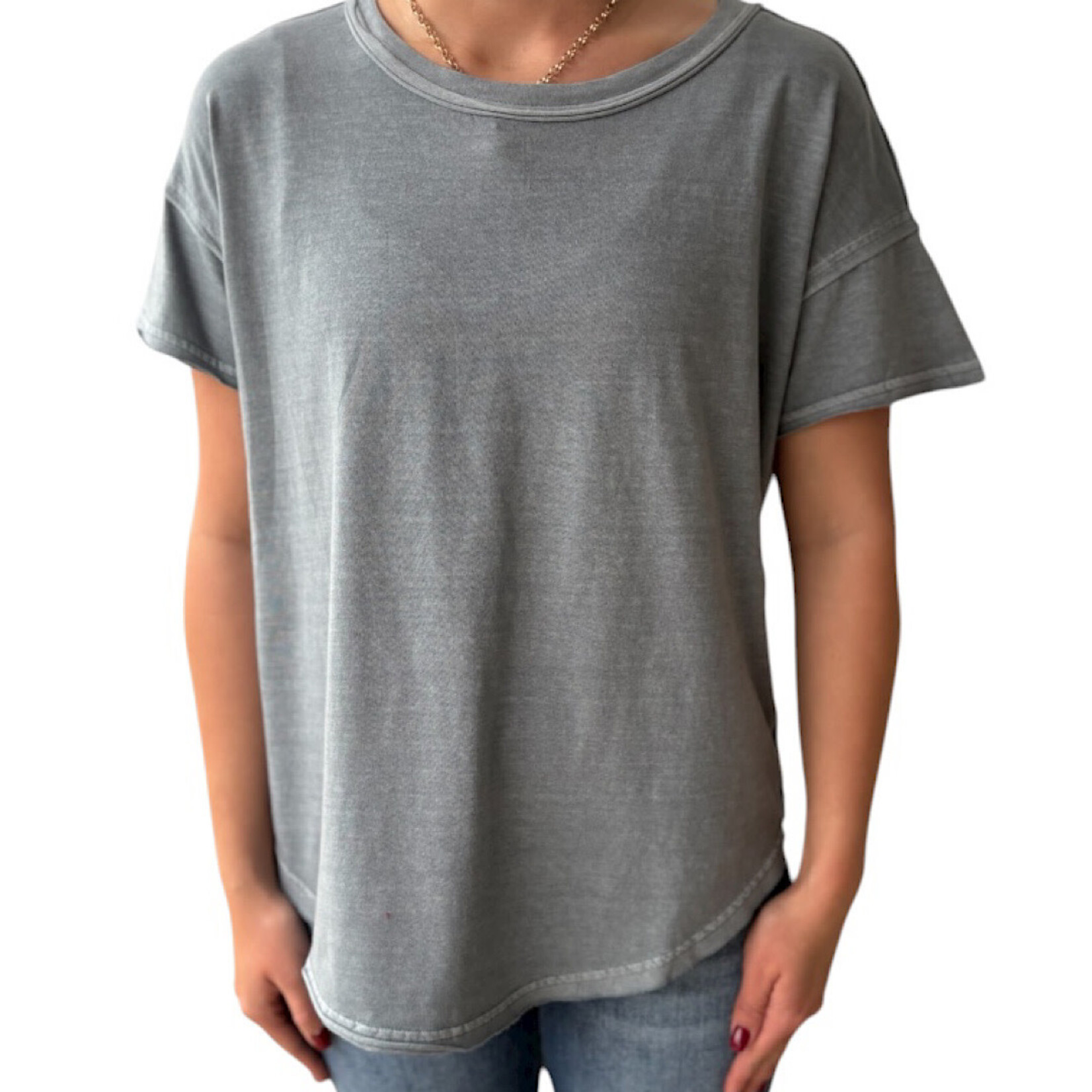 Slate Blue Exposed Seam Raw Edge Short Sleeve Knit Top