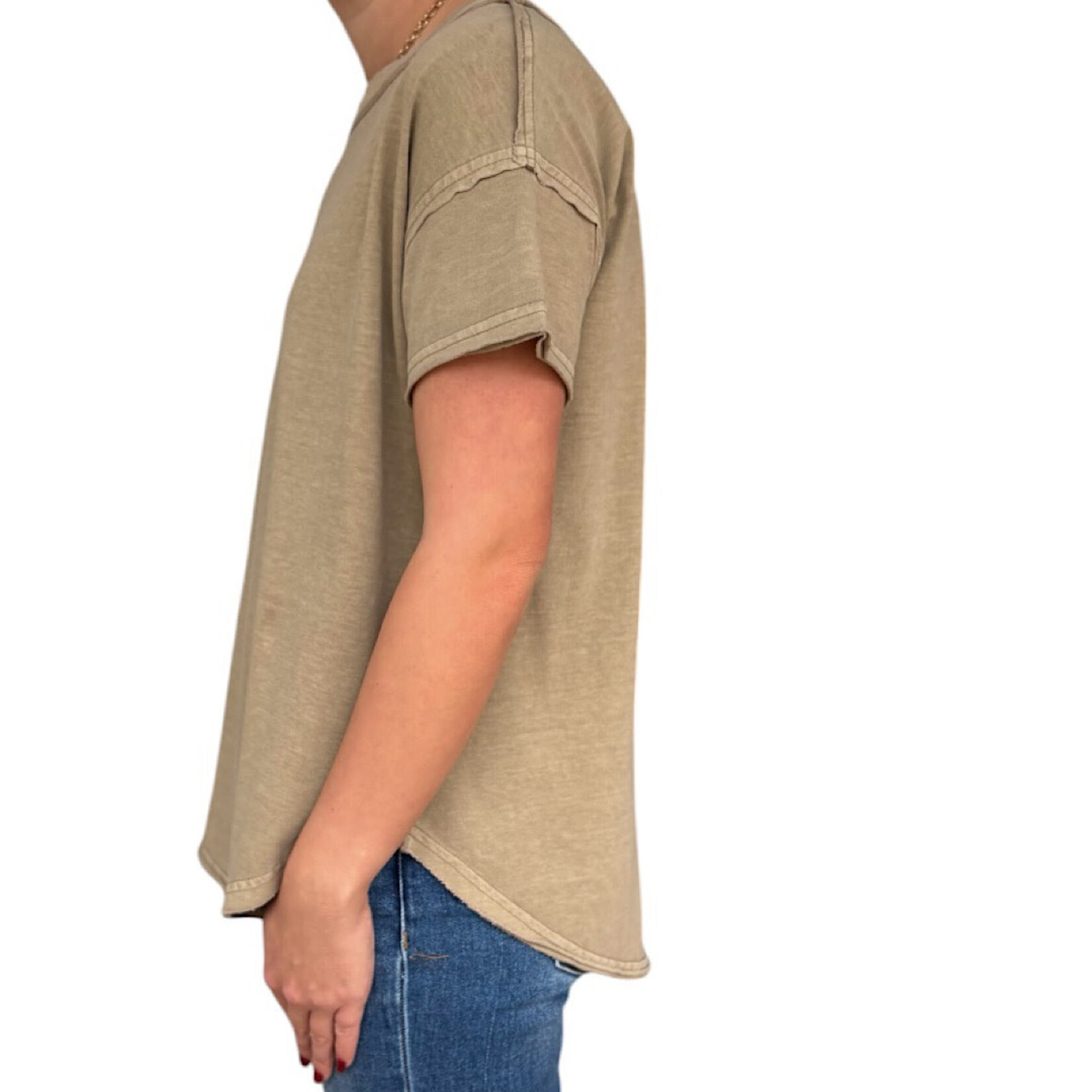 Mocha Exposed Seam Raw Edge Short Sleeve Knit Top