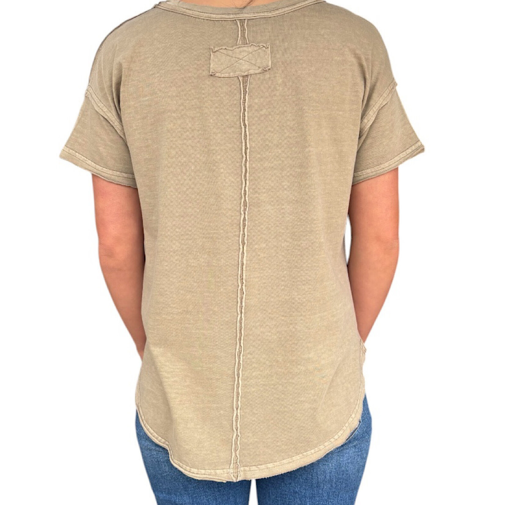 Mocha Exposed Seam Raw Edge Short Sleeve Knit Top