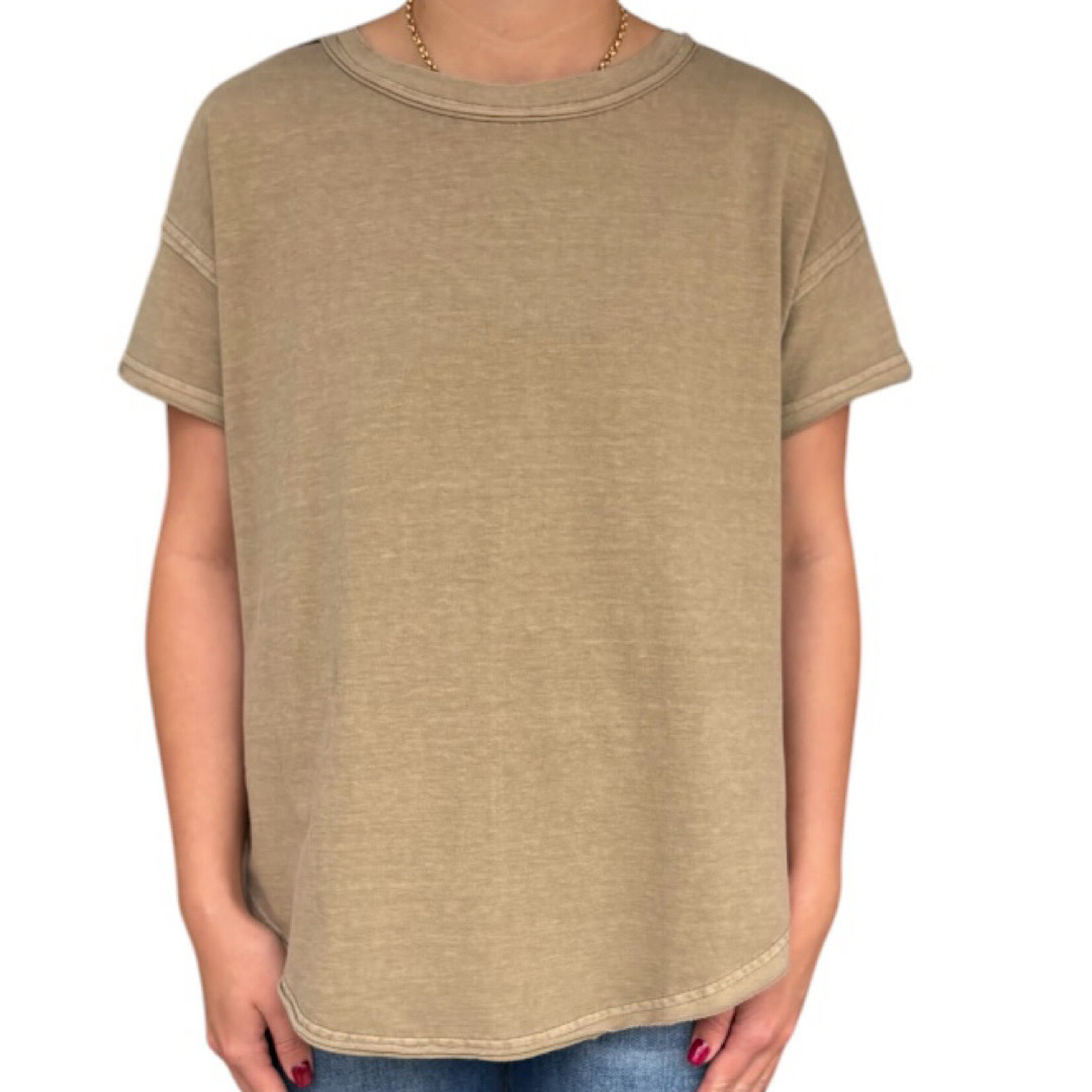 Mocha Exposed Seam Raw Edge Short Sleeve Knit Top