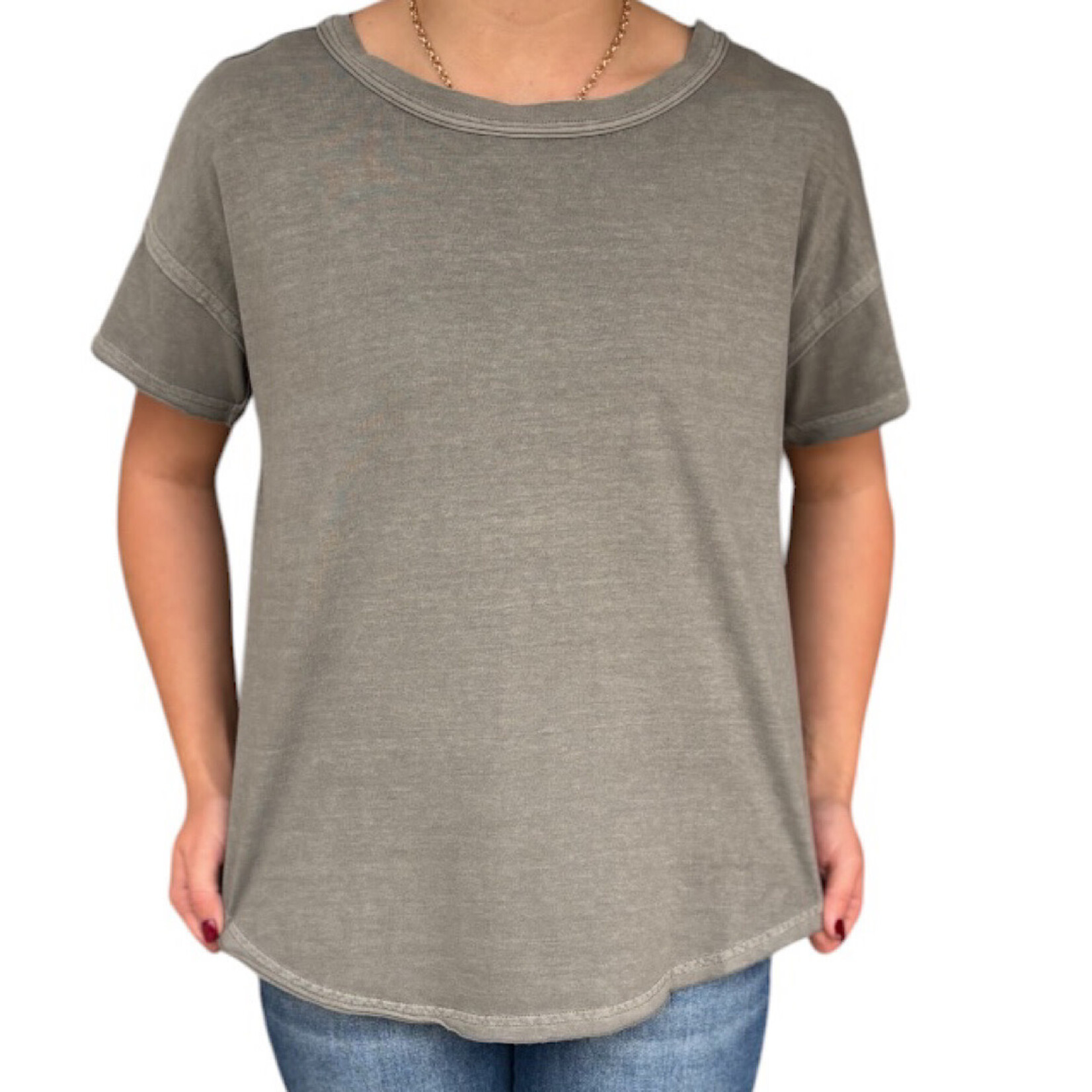 Grey Exposed Seam Raw Edge Short Sleeve Knit Top
